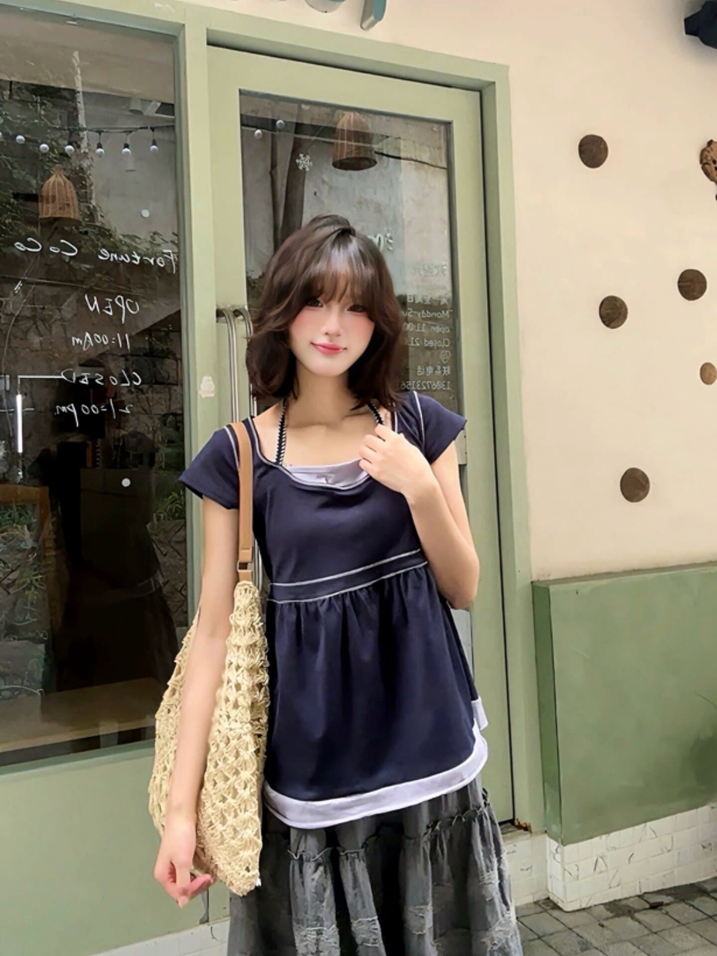 출퇴근 페이크 레이어드 행침 목 반팔 맨위 여름 자이언트 잘 생긴 루즈핏 다용도 u 종류 티셔츠 여성 상세 이미지 3