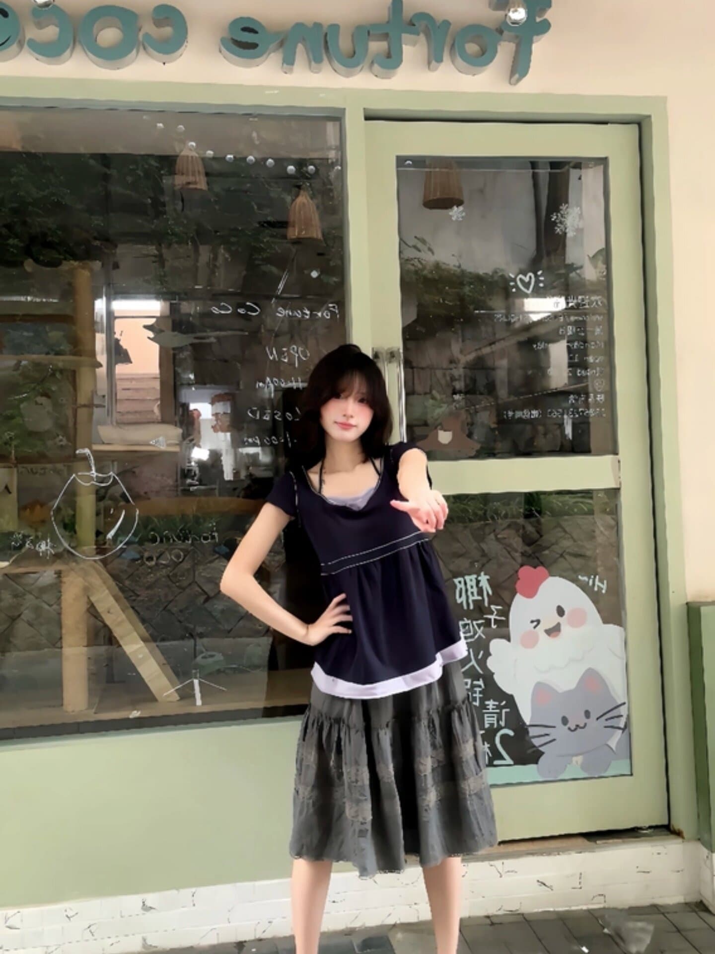 출퇴근 페이크 레이어드 행침 목 반팔 맨위 여름 자이언트 잘 생긴 루즈핏 다용도 u 종류 티셔츠 여성 상세 이미지 5