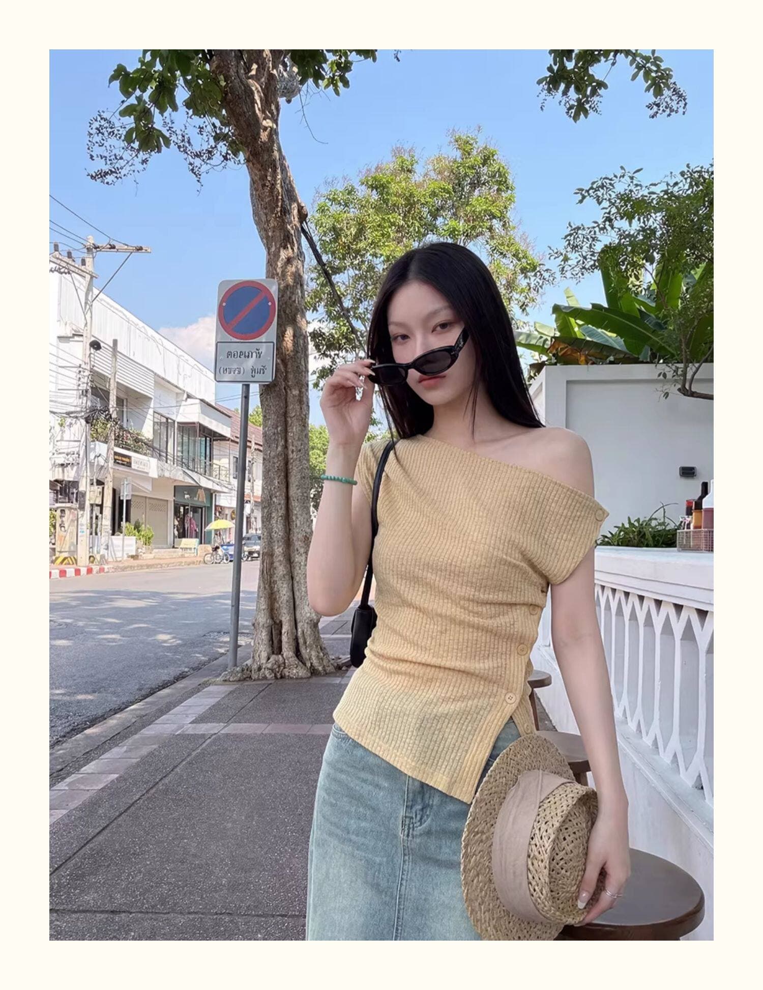 비스듬한 어깨 비틀림 반팔 측면 단추 니트 맨위 여성 봄 여름 시즌 불규칙 디자인 센스 몸매 가꾸기 슬림해 보이는 티셔츠 상세 이미지 7