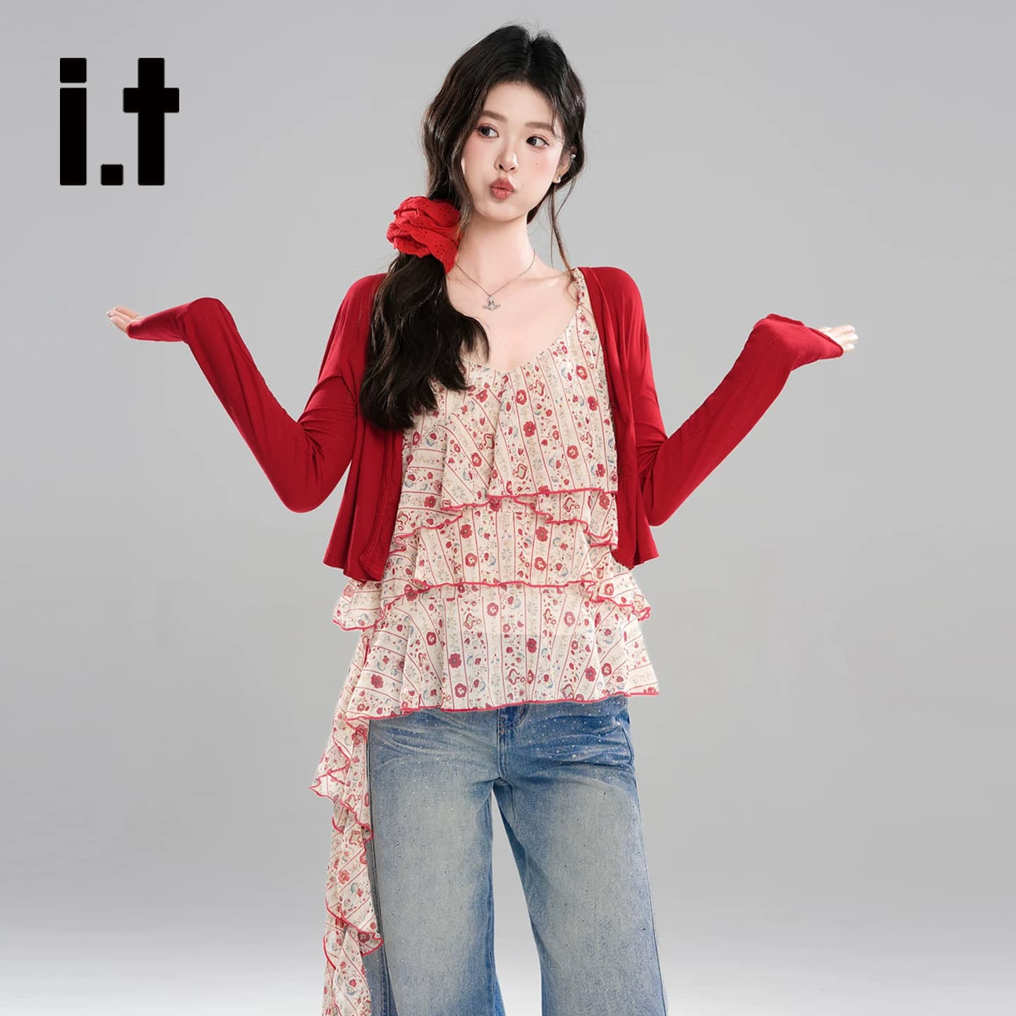 프랑스식 ins 빨간색 꽃무늬 슬립 작은 셔츠 여성 레트로 긴팔 오픈 가디건 아름다운 투피스 세트 이미지 2