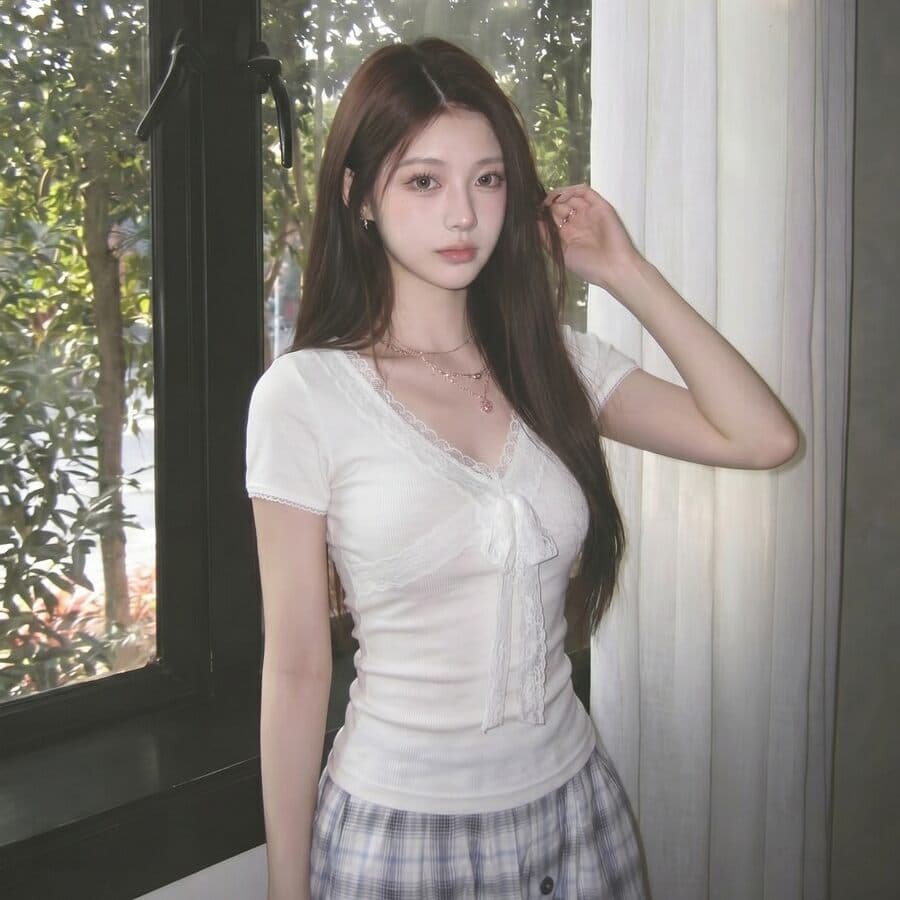 2026 한국 대외 무역 새로운 패션 레이스 나비 매듭 레이스 낮은 네크라인 펌프 로프 몸매 가꾸기 t 여성 이미지 3