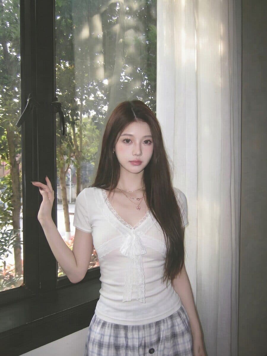 2026 한국 대외 무역 새로운 패션 레이스 나비 매듭 레이스 낮은 네크라인 펌프 로프 몸매 가꾸기 t 여성 상세 이미지 4