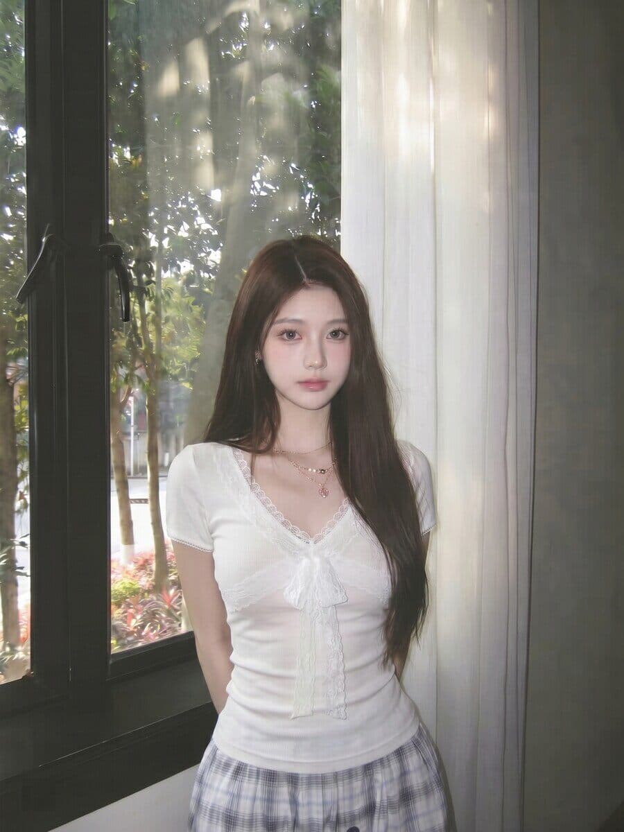 2026 한국 대외 무역 새로운 패션 레이스 나비 매듭 레이스 낮은 네크라인 펌프 로프 몸매 가꾸기 t 여성 상세 이미지 5