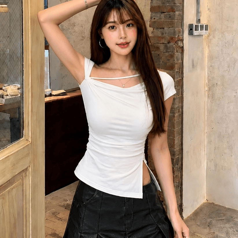 안개 섬 화이트 티 섹시함 오프숄더 비대칭 비스듬한 칼라 반팔 티셔츠 여성 화이트 허리 수축 주름 맨위 여름 이미지 2