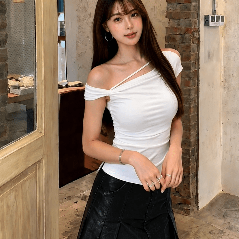 안개 섬 화이트 티 섹시함 오프숄더 비대칭 비스듬한 칼라 반팔 티셔츠 여성 화이트 허리 수축 주름 맨위 여름 이미지 5