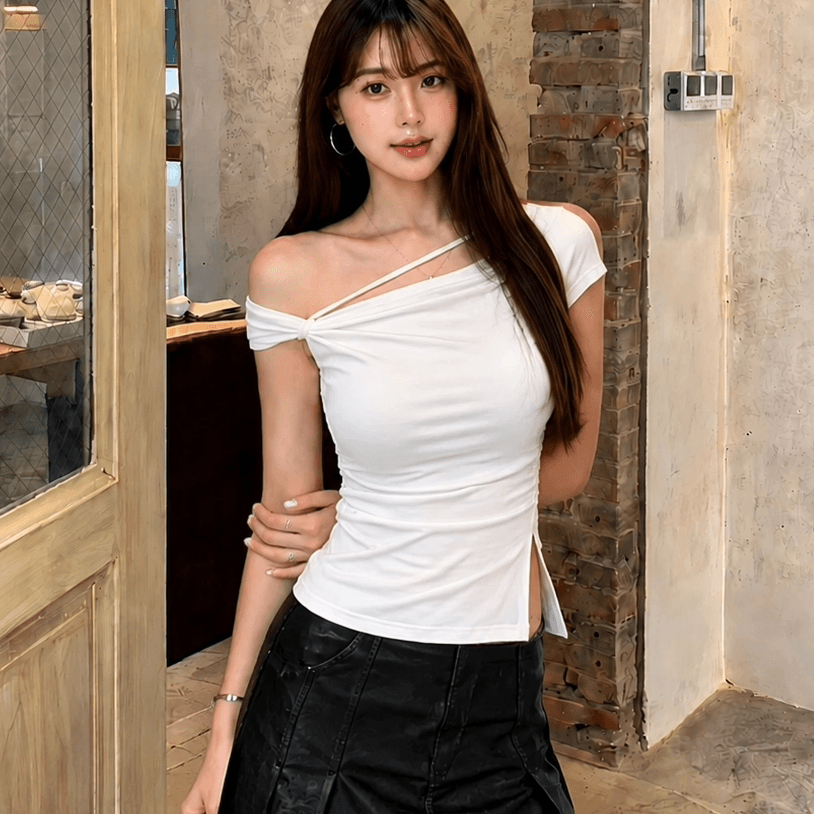 안개 섬 화이트 티 섹시함 오프숄더 비대칭 비스듬한 칼라 반팔 티셔츠 여성 화이트 허리 수축 주름 맨위 여름