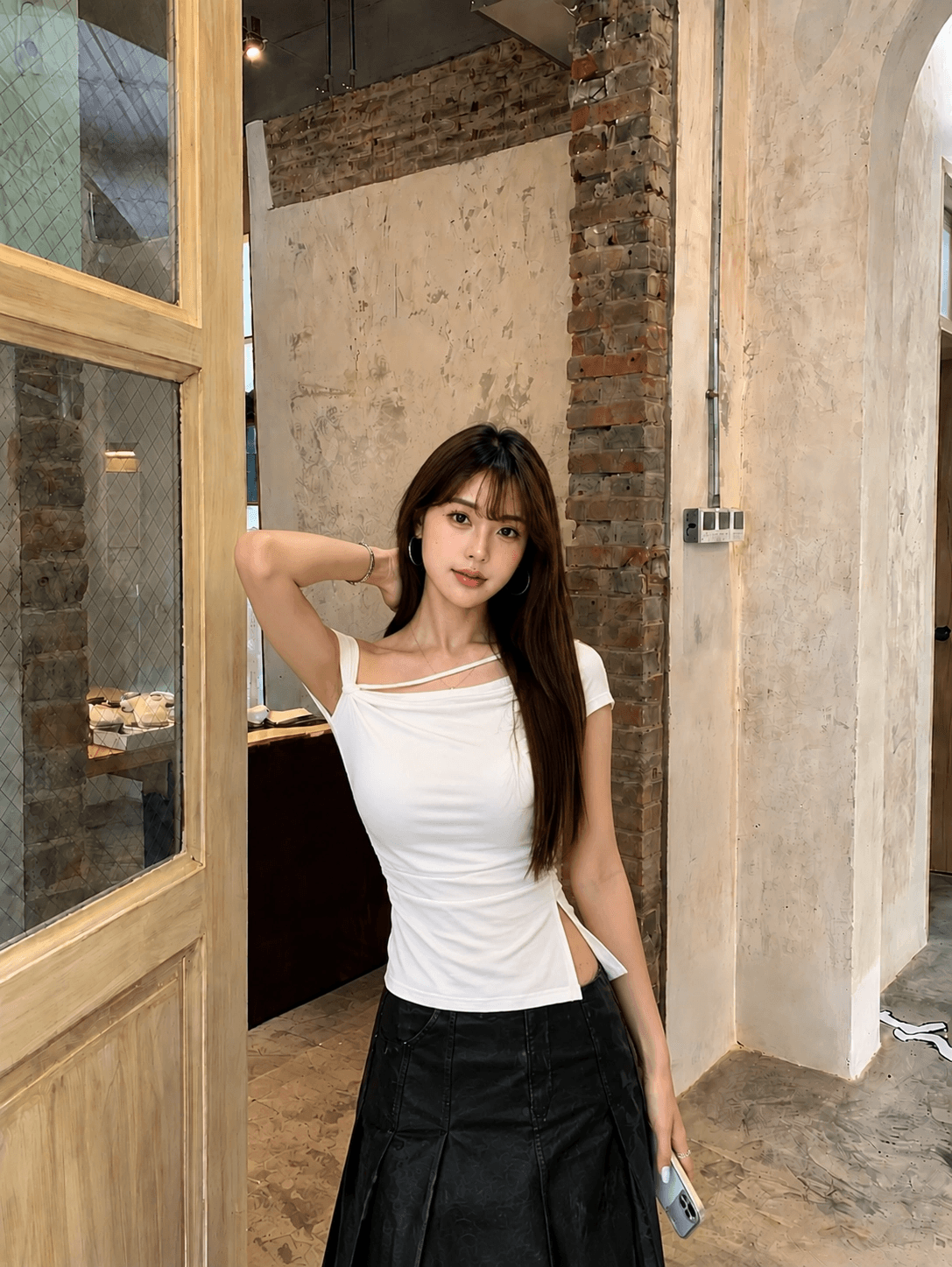 안개 섬 화이트 티 섹시함 오프숄더 비대칭 비스듬한 칼라 반팔 티셔츠 여성 화이트 허리 수축 주름 맨위 여름 상세 이미지 4
