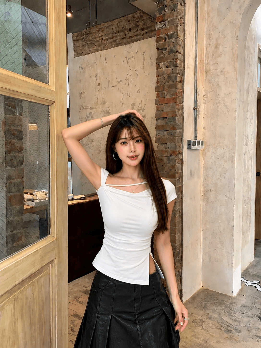 안개 섬 화이트 티 섹시함 오프숄더 비대칭 비스듬한 칼라 반팔 티셔츠 여성 화이트 허리 수축 주름 맨위 여름 상세 이미지 7