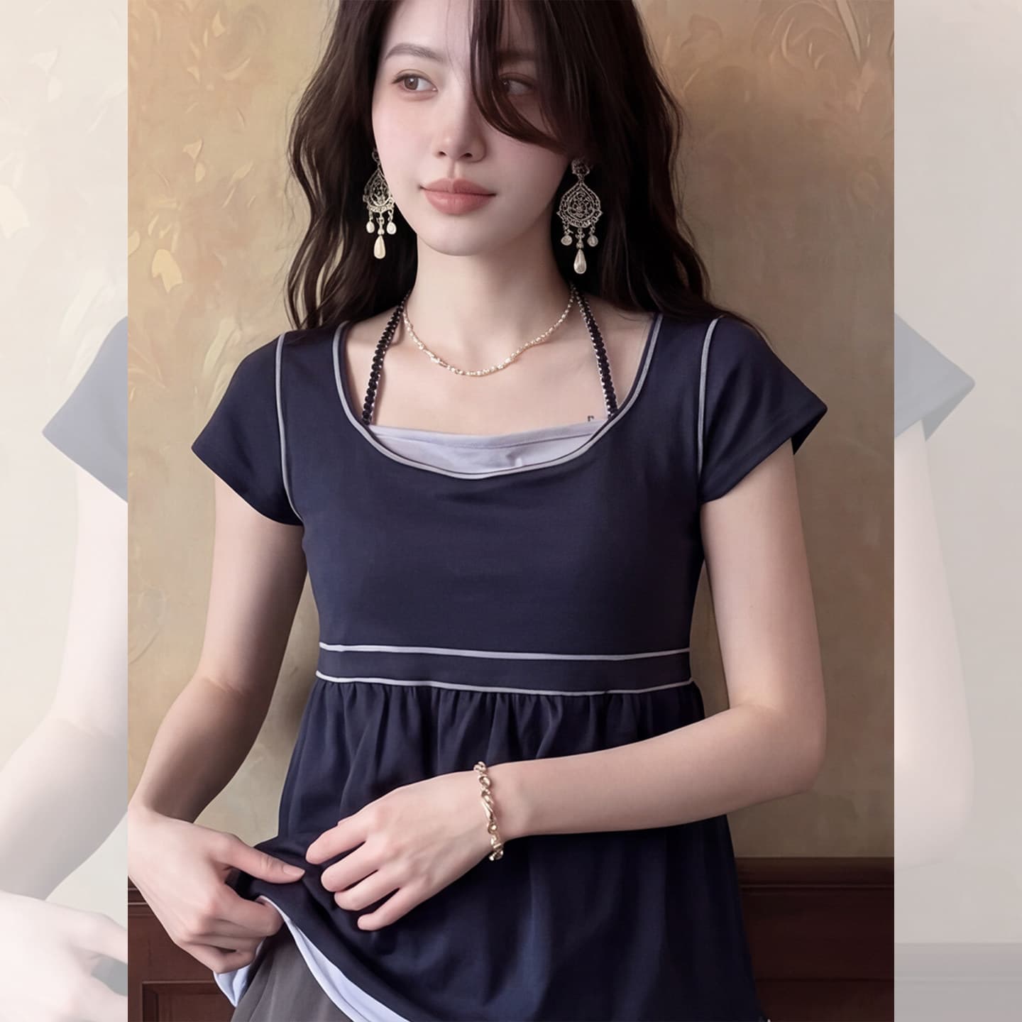 프랑스식 아름다운 보라색 패치워크 페이크 레이어드 반팔 티셔츠 여자 여름 디자인 센스 작은 대중 주름 허리 수축 맨위 이미지 4