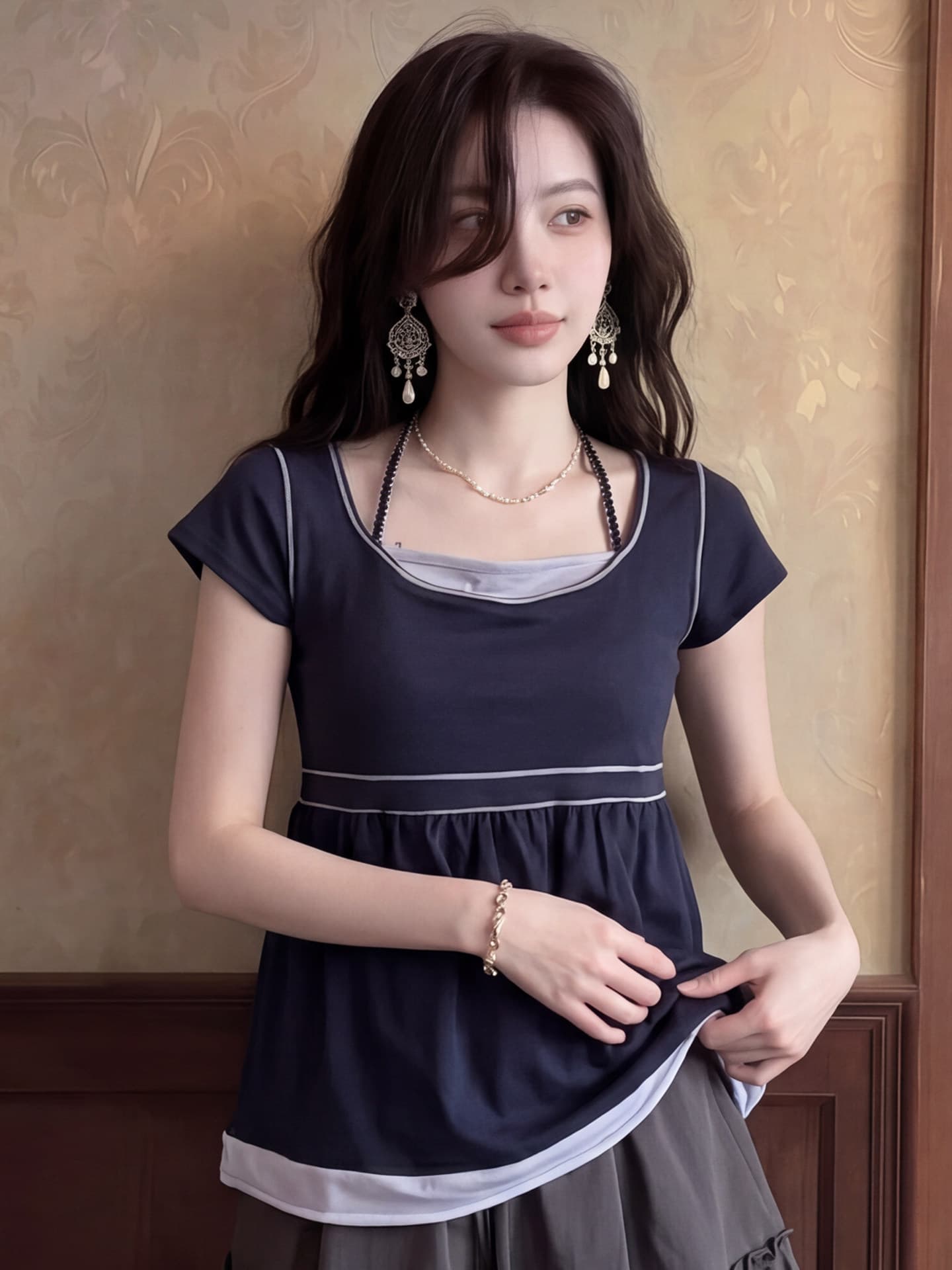 프랑스식 아름다운 보라색 패치워크 페이크 레이어드 반팔 티셔츠 여자 여름 디자인 센스 작은 대중 주름 허리 수축 맨위 상세 이미지 2