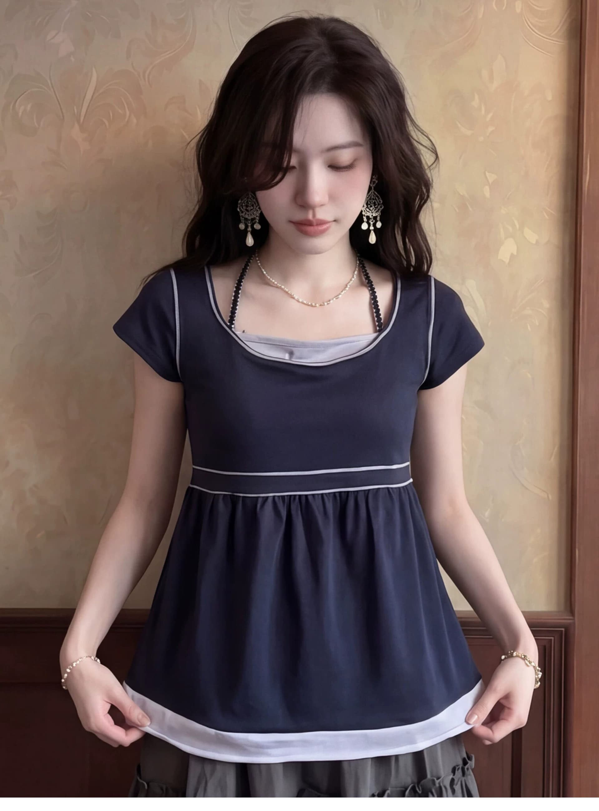 프랑스식 아름다운 보라색 패치워크 페이크 레이어드 반팔 티셔츠 여자 여름 디자인 센스 작은 대중 주름 허리 수축 맨위 상세 이미지 4