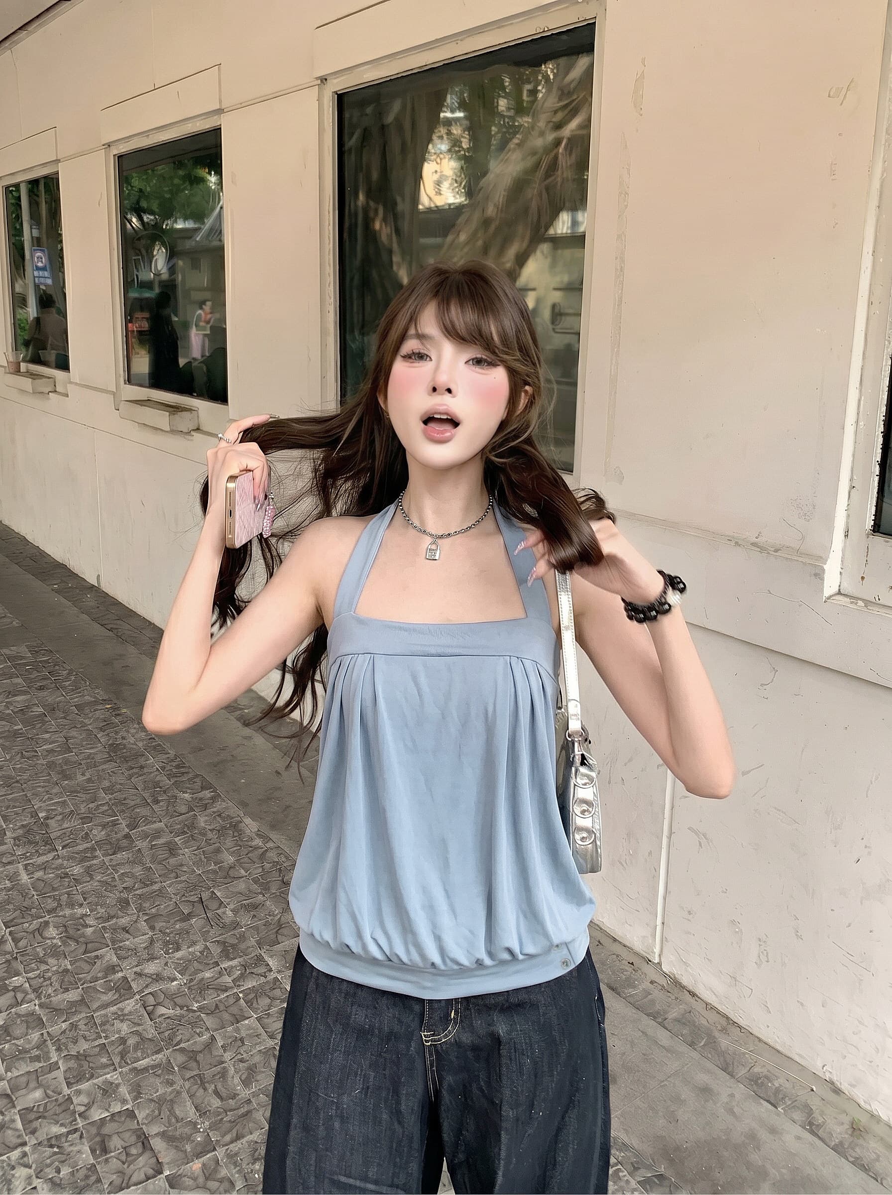 kumikumi 순수한 욕망 바람 어두운 회색 행침 목 조끼 여성 의류 여름 새로운 연령 감소 다용도 민소매 맨위 상세 이미지 7