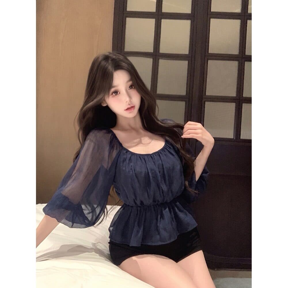 황색 V넥 펌프 로프 허리 수축 거품 소매 쉬폰 여성 셔츠 여름 얇고 가벼운 자외선 차단 셔츠 부드러운 슬림해 보이는 맨위 이미지 3