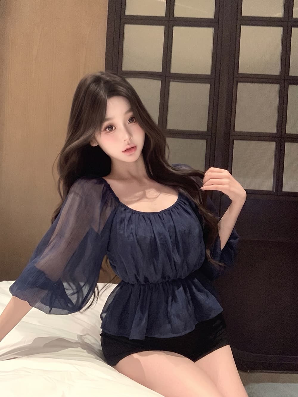 황색 V넥 펌프 로프 허리 수축 거품 소매 쉬폰 여성 셔츠 여름 얇고 가벼운 자외선 차단 셔츠 부드러운 슬림해 보이는 맨위 상세 이미지 7