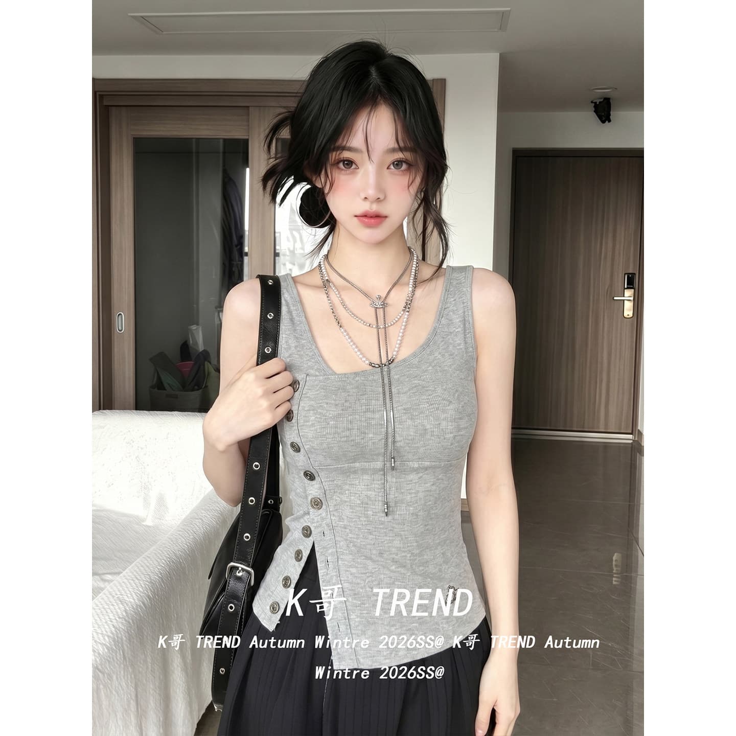 디자인 센스 비스듬한 칼라 비대칭 트임 단추 캐미솔 여름 몸매 가꾸기 슬림해 보이는 핫걸 바람 민소매 맨위 이미지 4