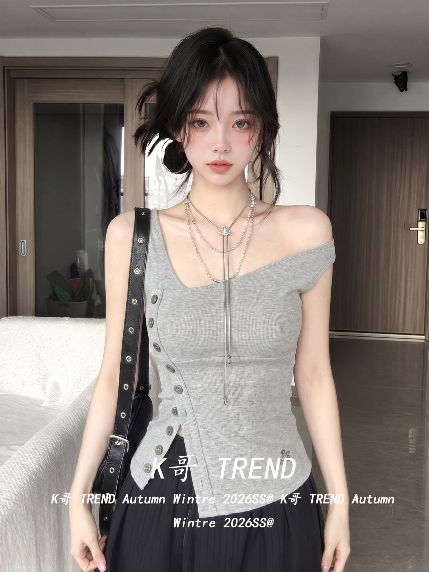 디자인 센스 비스듬한 칼라 비대칭 트임 단추 캐미솔 여름 몸매 가꾸기 슬림해 보이는 핫걸 바람 민소매 맨위 상세 이미지 4
