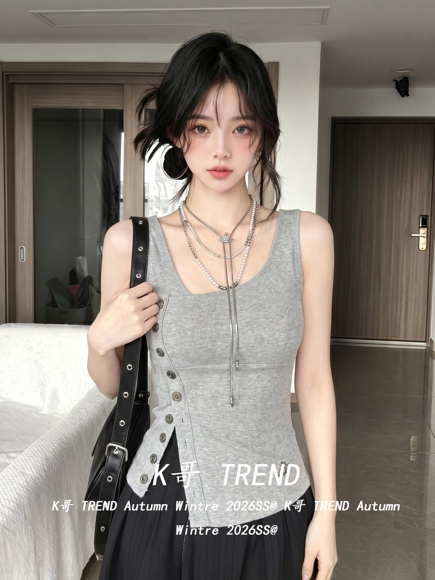 디자인 센스 비스듬한 칼라 비대칭 트임 단추 캐미솔 여름 몸매 가꾸기 슬림해 보이는 핫걸 바람 민소매 맨위 상세 이미지 5