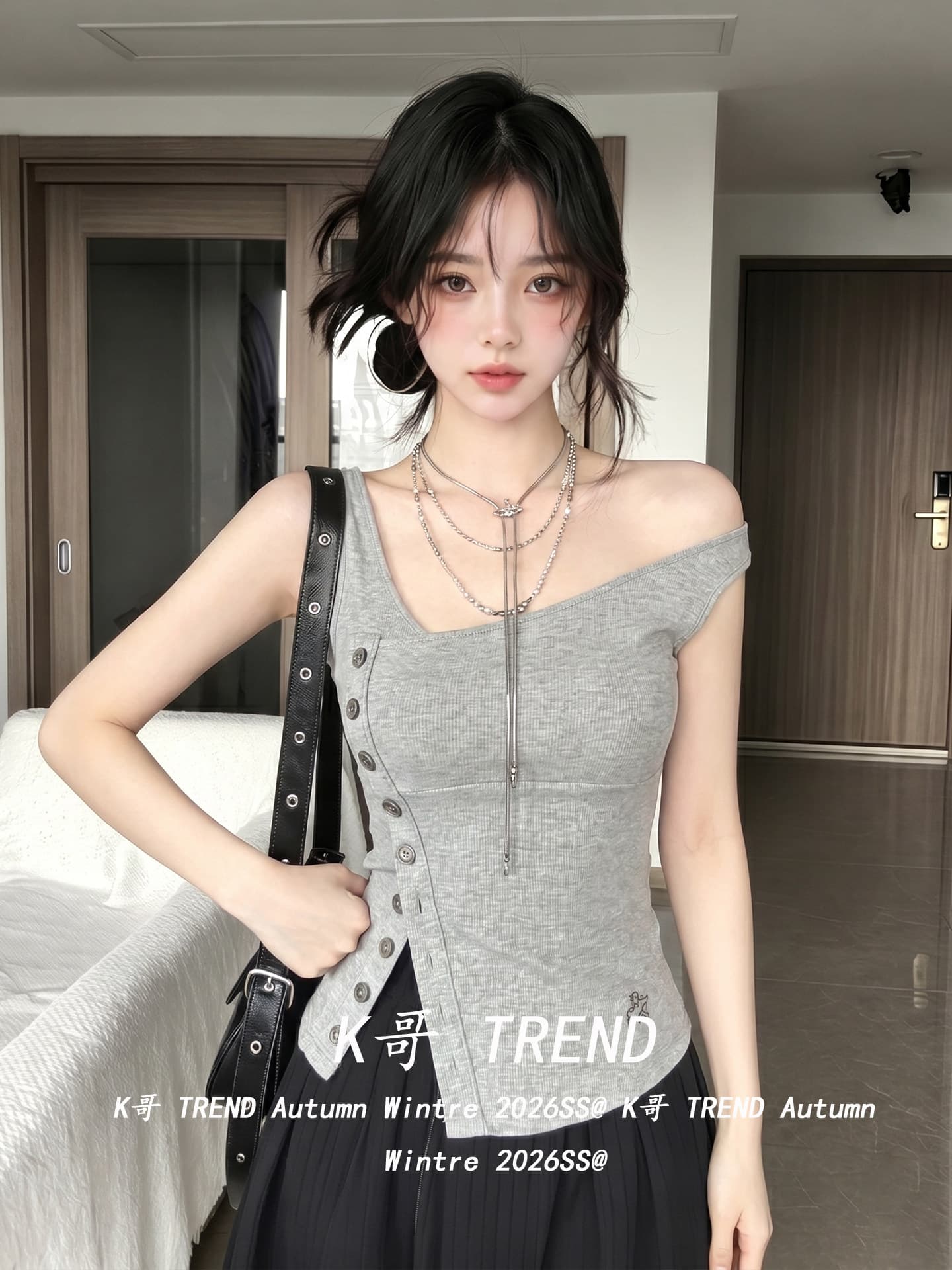 디자인 센스 비스듬한 칼라 비대칭 트임 단추 캐미솔 여름 몸매 가꾸기 슬림해 보이는 핫걸 바람 민소매 맨위 상세 이미지 6