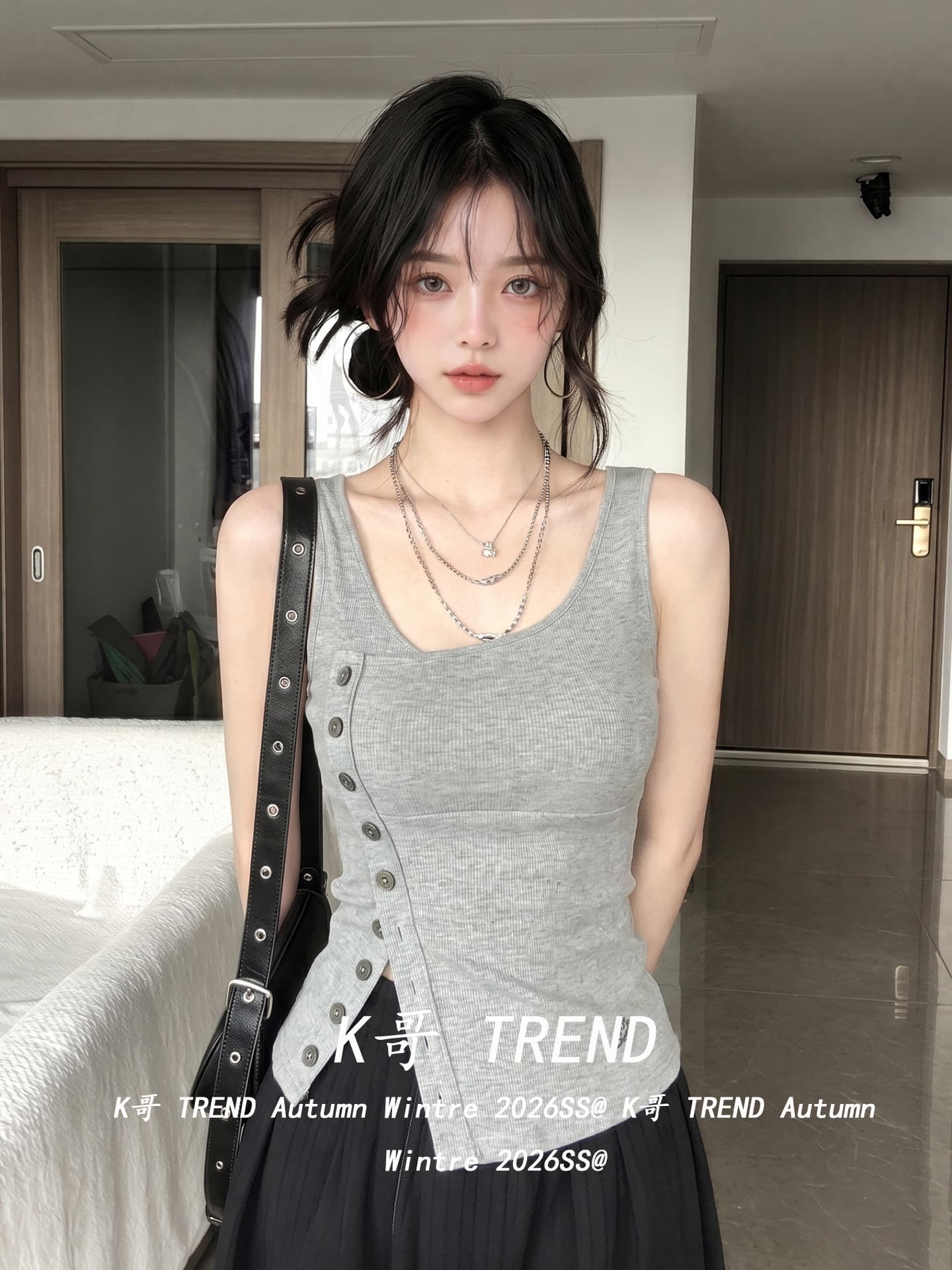 디자인 센스 비스듬한 칼라 비대칭 트임 단추 캐미솔 여름 몸매 가꾸기 슬림해 보이는 핫걸 바람 민소매 맨위 상세 이미지 7