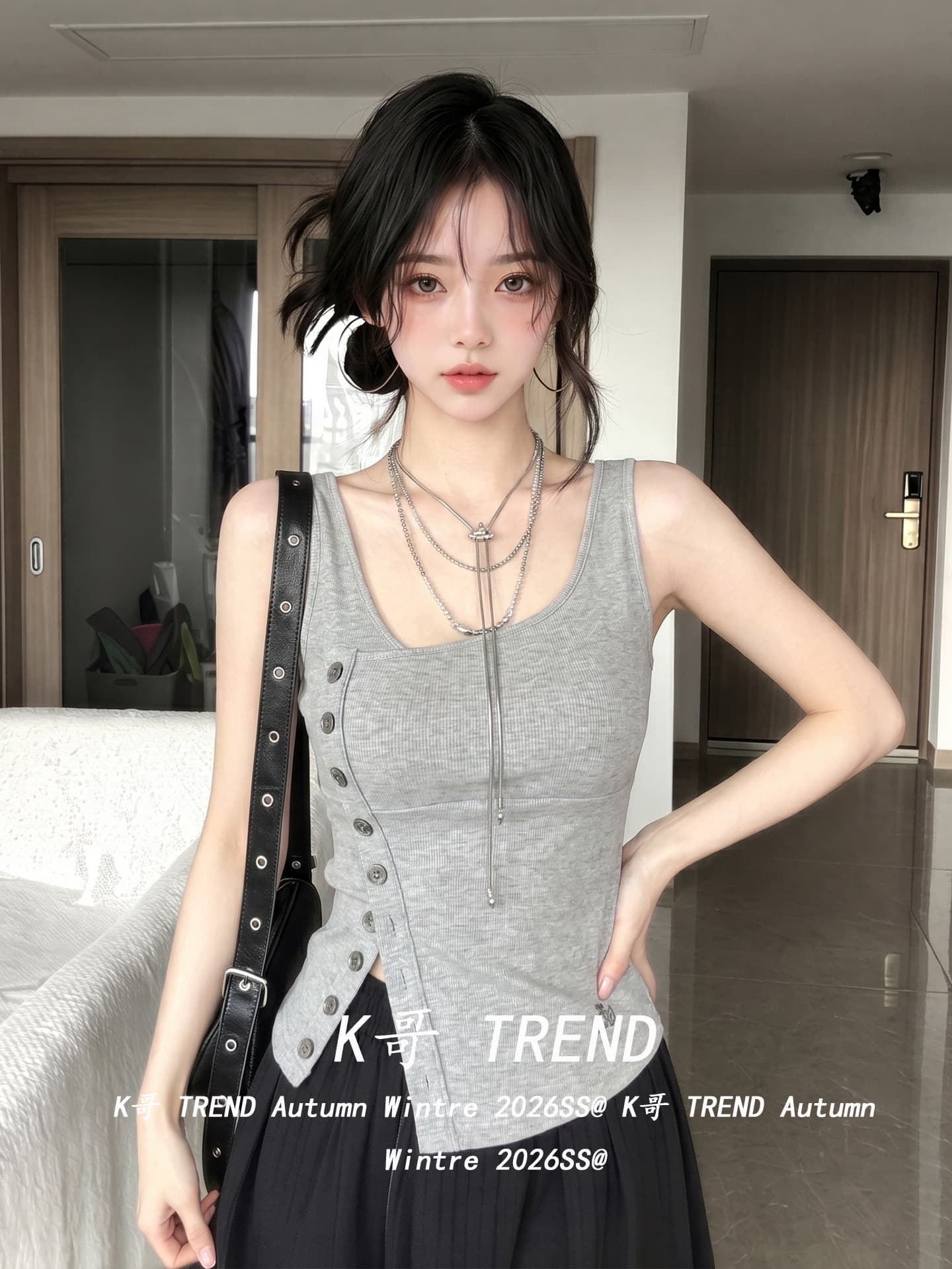 디자인 센스 비스듬한 칼라 비대칭 트임 단추 캐미솔 여름 몸매 가꾸기 슬림해 보이는 핫걸 바람 민소매 맨위 상세 이미지 8