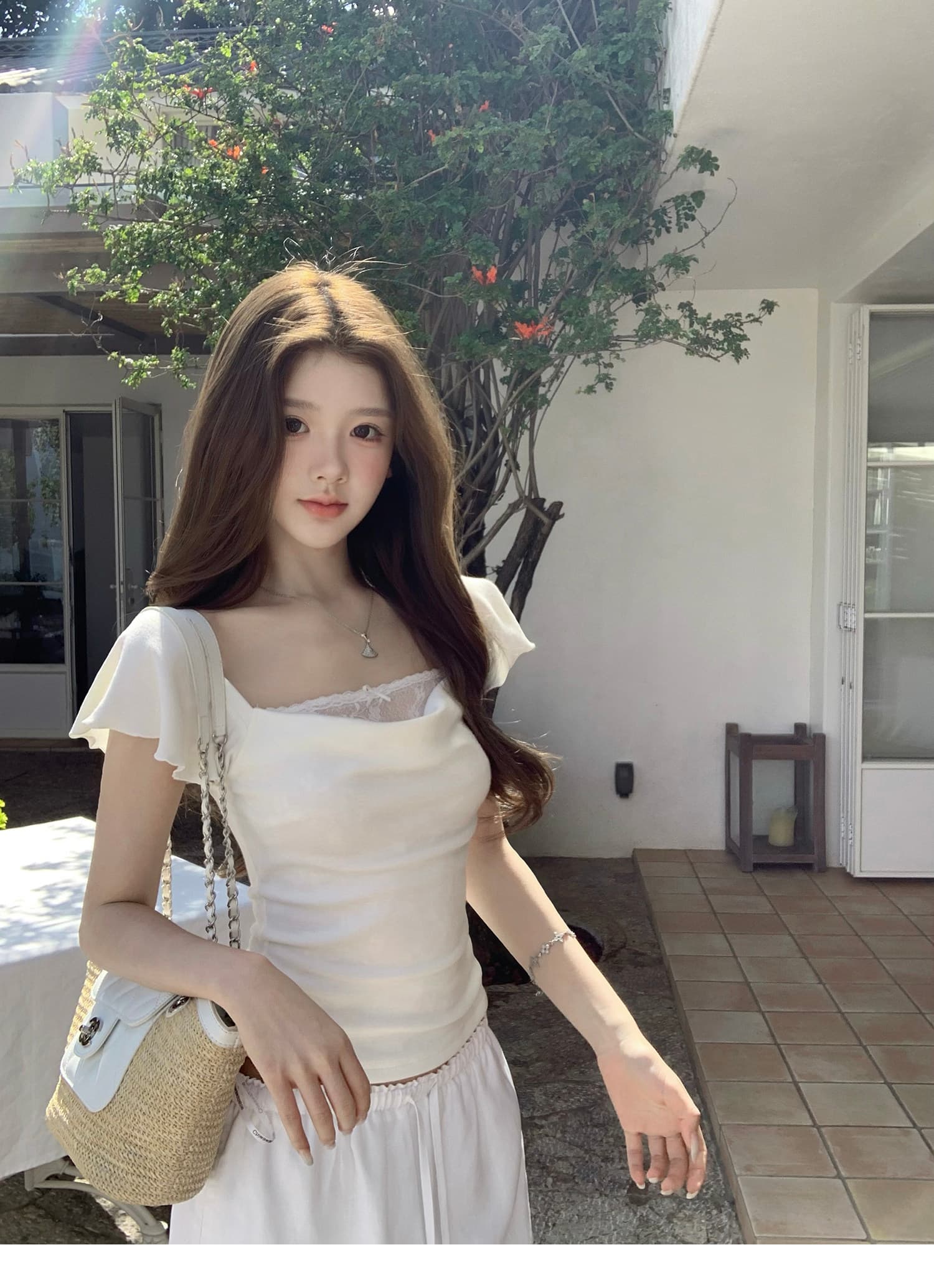 q 여자 집 설탕 큐브 레이스 흔들다 칼라 반팔 티셔츠 2026 프랑스식 아름다운 디자인 센스 작은 맨위 상세 이미지 15