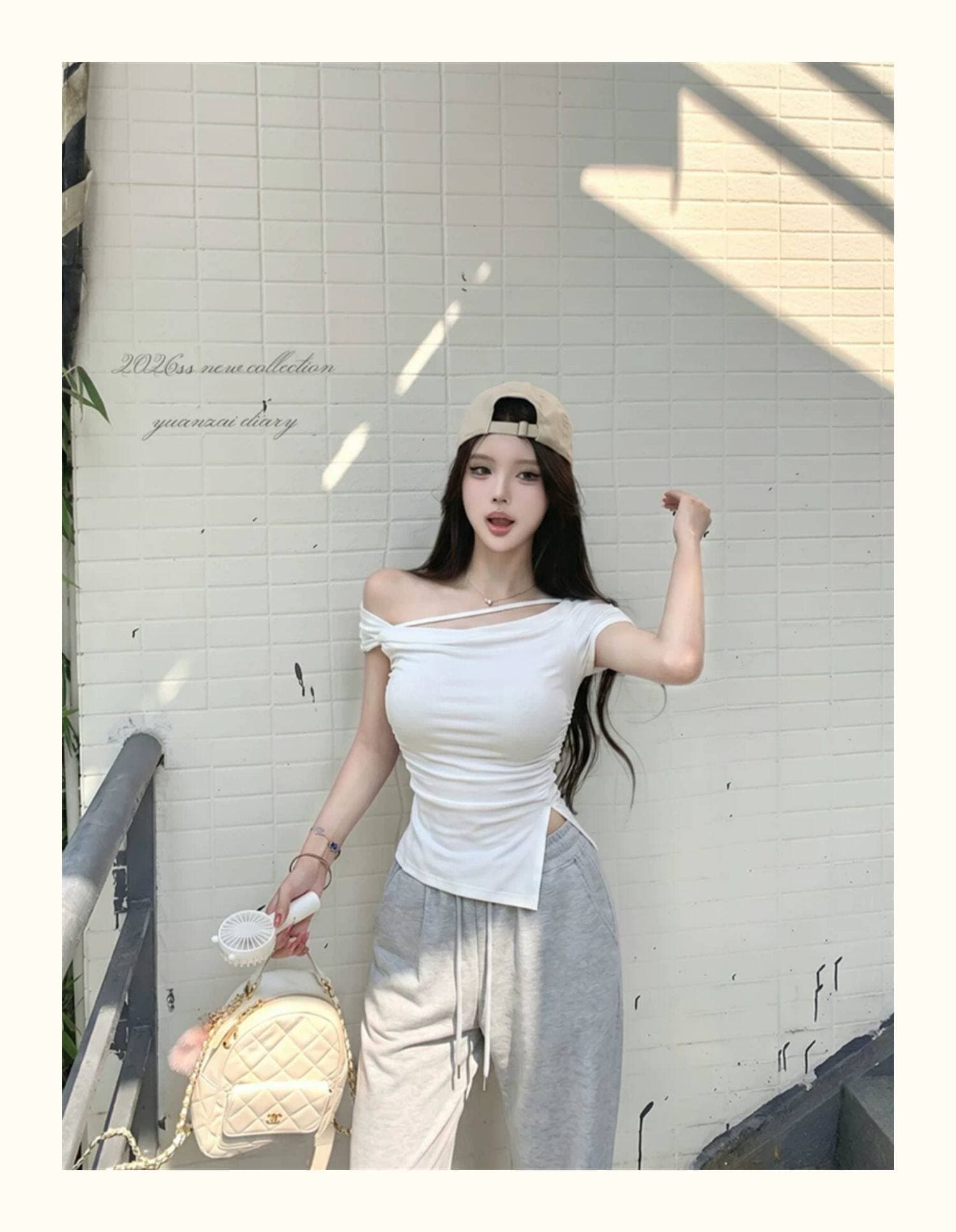 비스듬한 어깨 스트랩 트임 티셔츠 여성 여름 핫걸 바람 허리 수축 디스플레이 몸 섹시함 다용도 불규칙 디자인 센스 맨위 상세 이미지 3