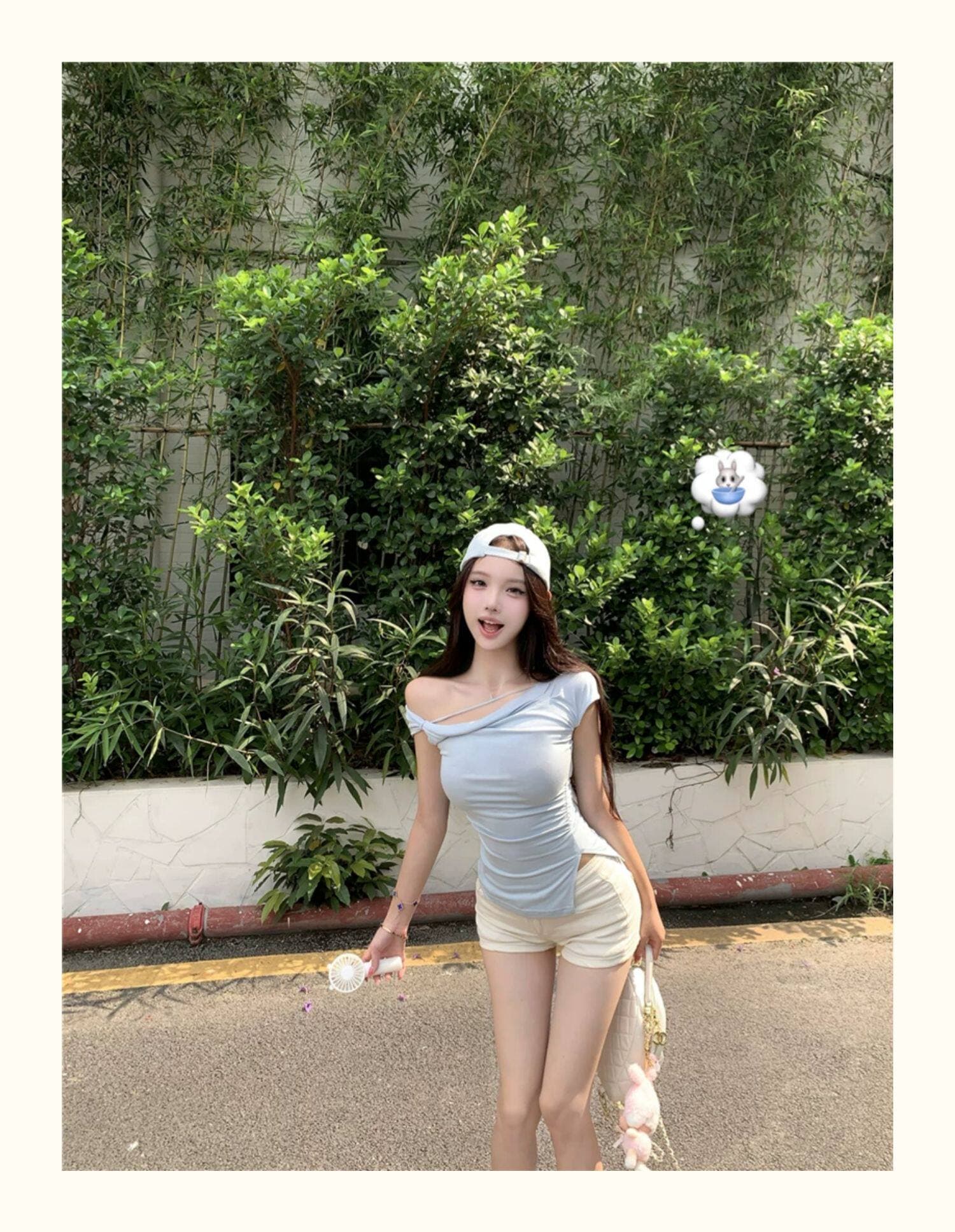 비스듬한 어깨 스트랩 트임 티셔츠 여성 여름 핫걸 바람 허리 수축 디스플레이 몸 섹시함 다용도 불규칙 디자인 센스 맨위 상세 이미지 5