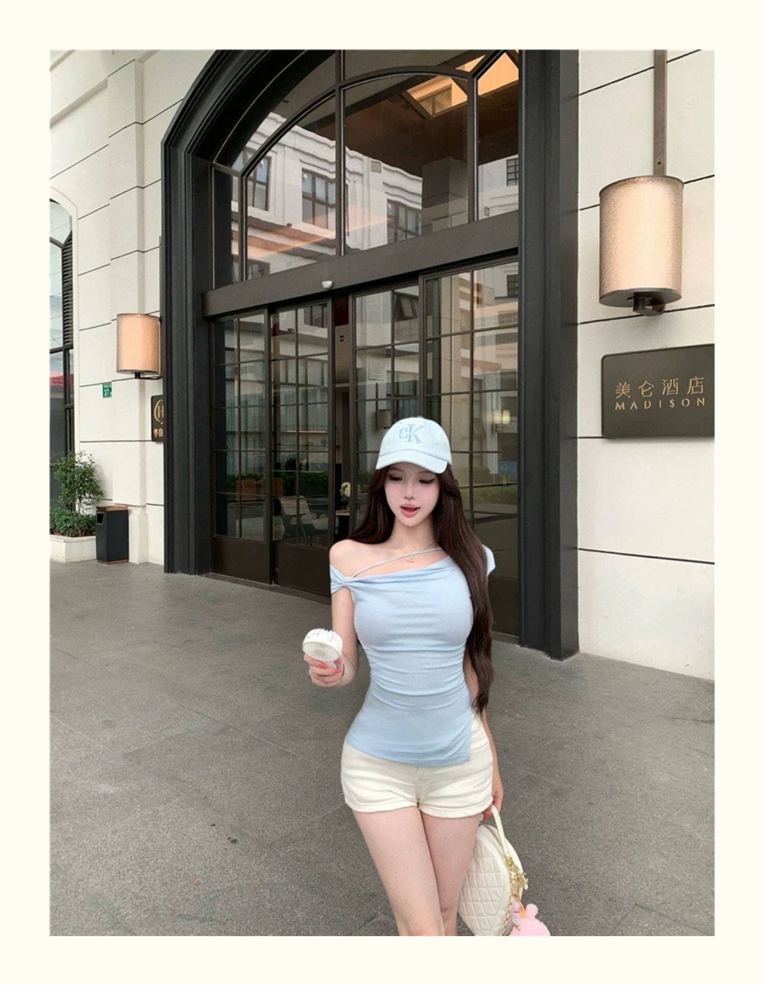 비스듬한 어깨 스트랩 트임 티셔츠 여성 여름 핫걸 바람 허리 수축 디스플레이 몸 섹시함 다용도 불규칙 디자인 센스 맨위 상세 이미지 8