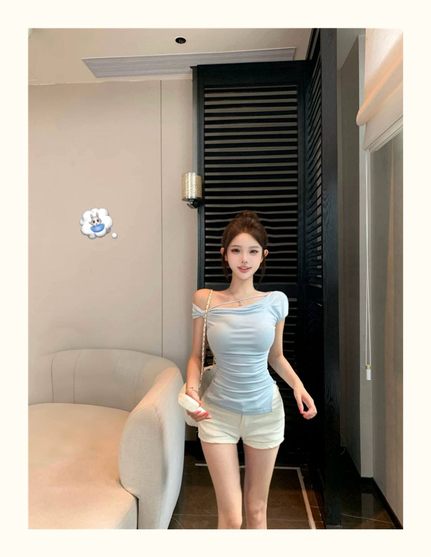 비스듬한 어깨 스트랩 트임 티셔츠 여성 여름 핫걸 바람 허리 수축 디스플레이 몸 섹시함 다용도 불규칙 디자인 센스 맨위 상세 이미지 13