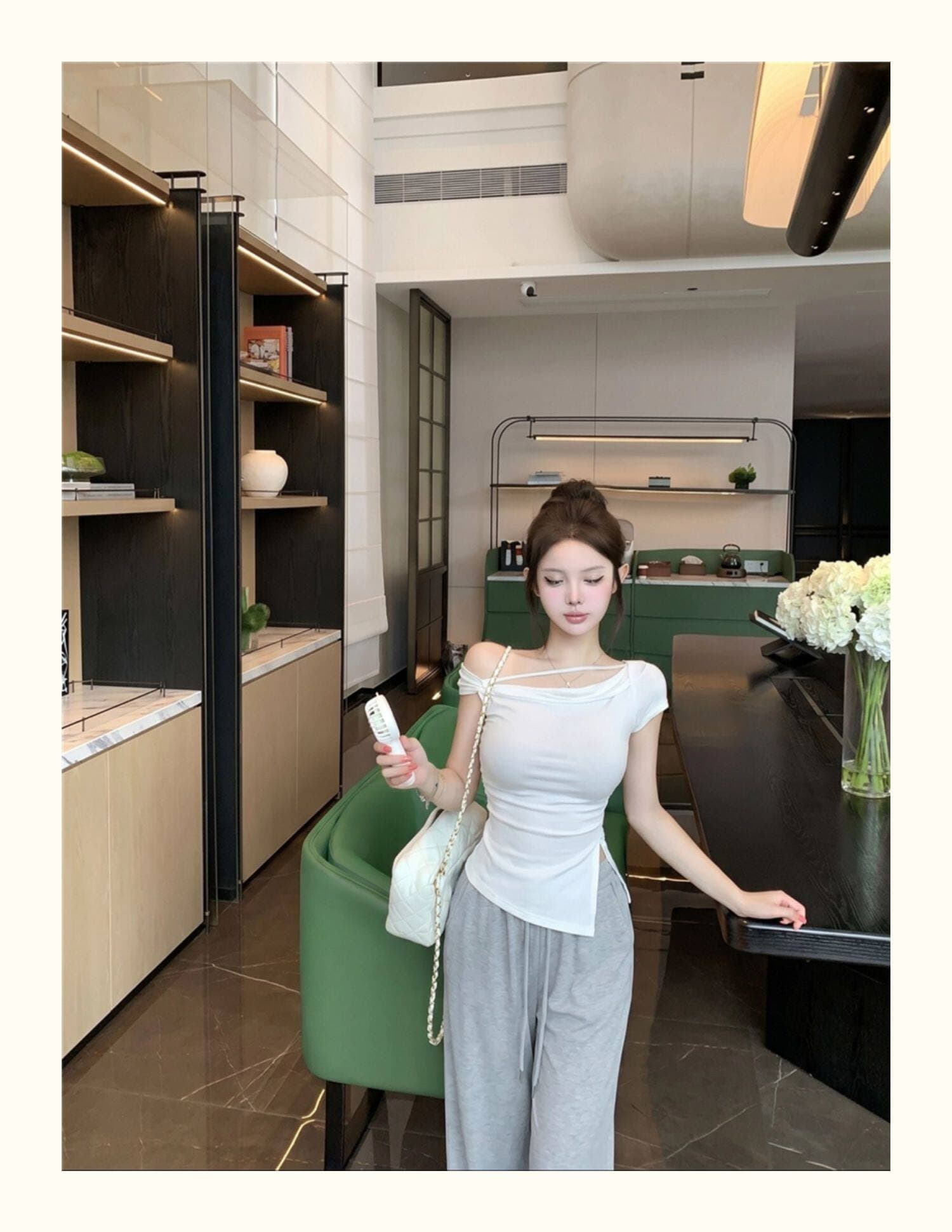 비스듬한 어깨 스트랩 트임 티셔츠 여성 여름 핫걸 바람 허리 수축 디스플레이 몸 섹시함 다용도 불규칙 디자인 센스 맨위 상세 이미지 14