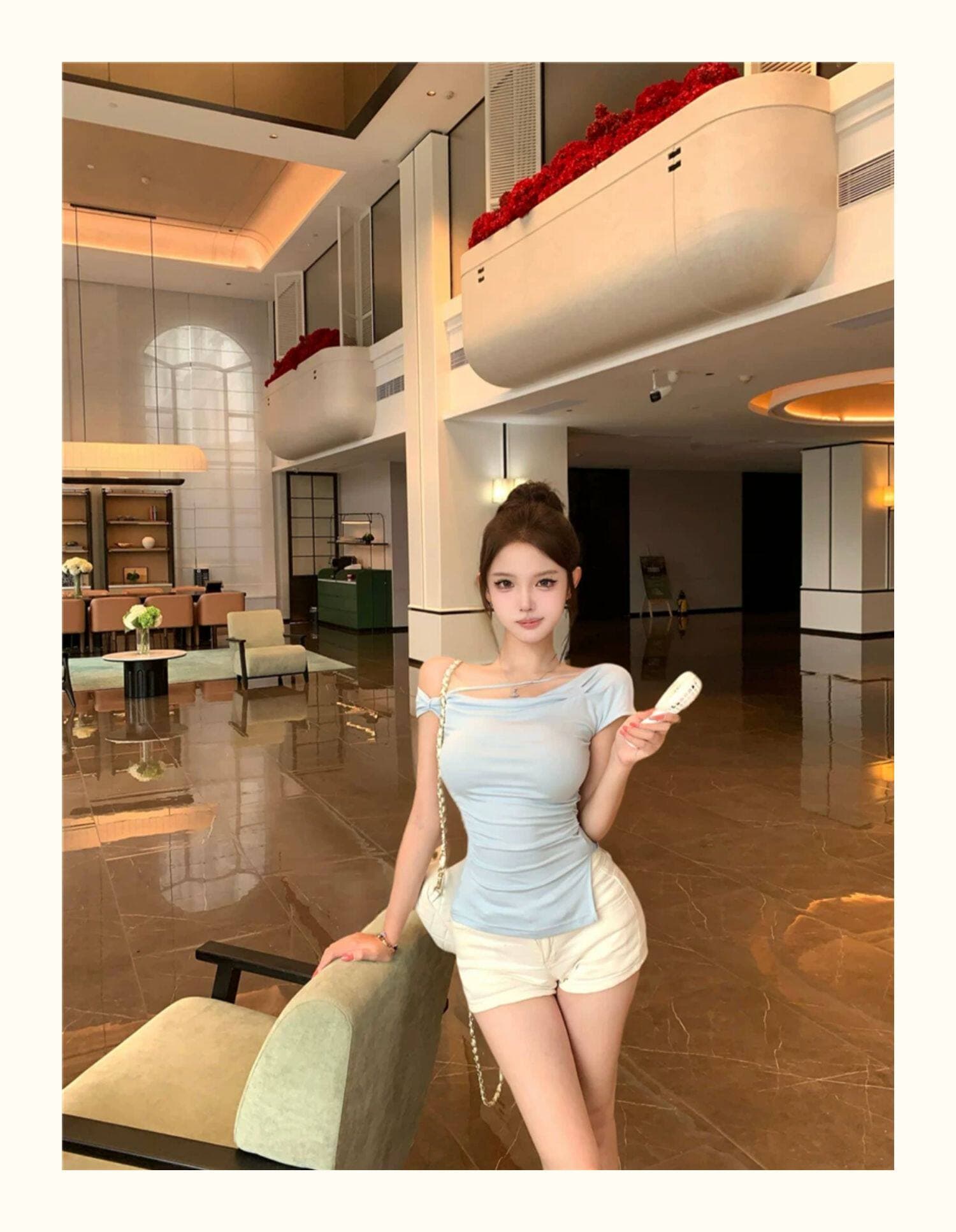 비스듬한 어깨 스트랩 트임 티셔츠 여성 여름 핫걸 바람 허리 수축 디스플레이 몸 섹시함 다용도 불규칙 디자인 센스 맨위 상세 이미지 17