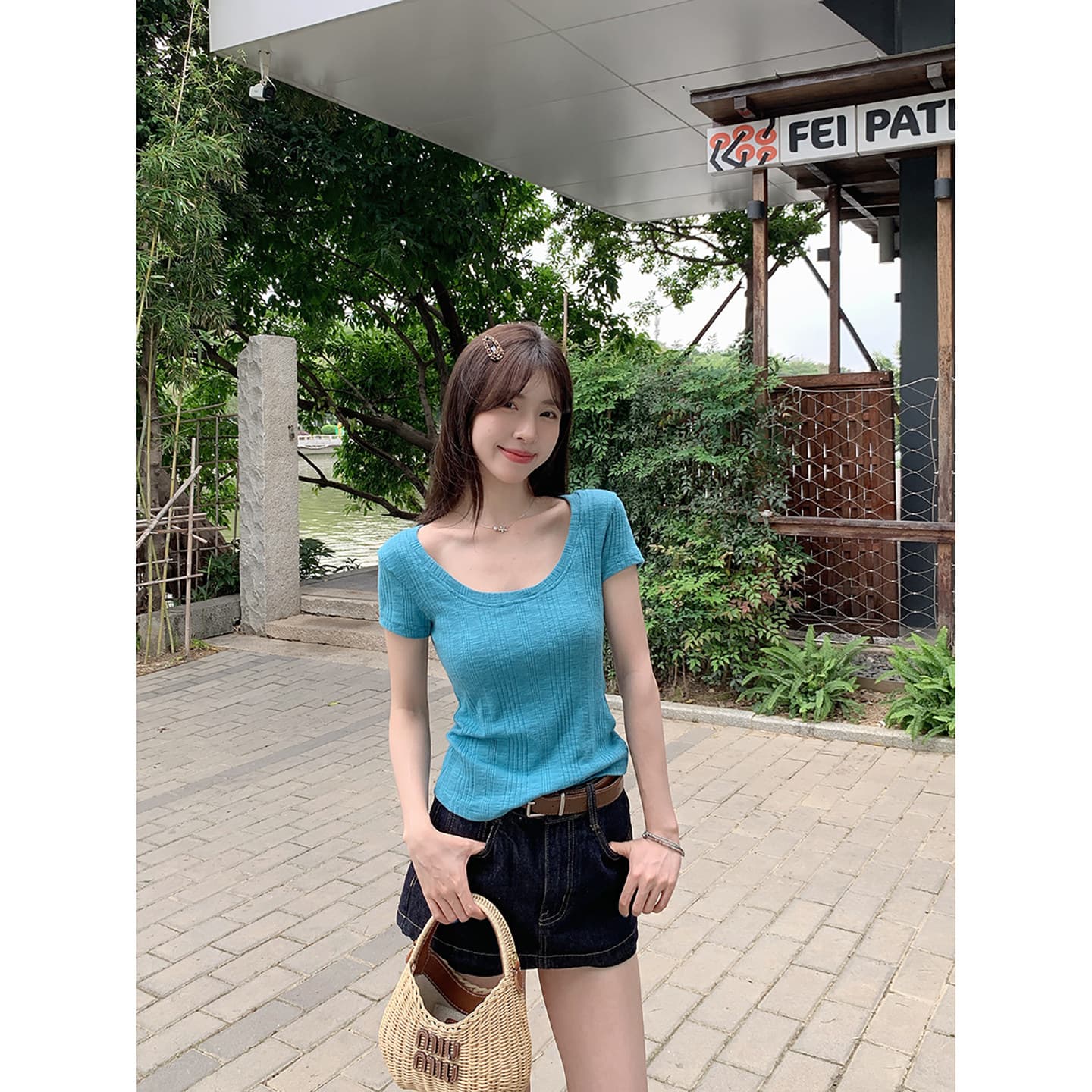 주황색 u 칼라 긍정적 인 어깨 반팔 티셔츠 여성 여름 한 부서 착용 가져 가라. 작은 키 쇼트 스타일 맨위 이미지 4