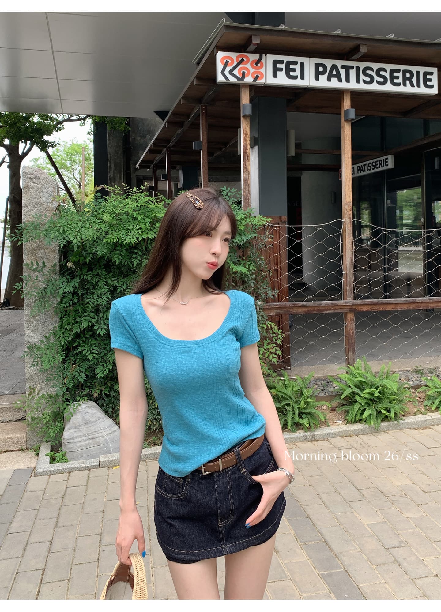 주황색 u 칼라 긍정적 인 어깨 반팔 티셔츠 여성 여름 한 부서 착용 가져 가라. 작은 키 쇼트 스타일 맨위 상세 이미지 21