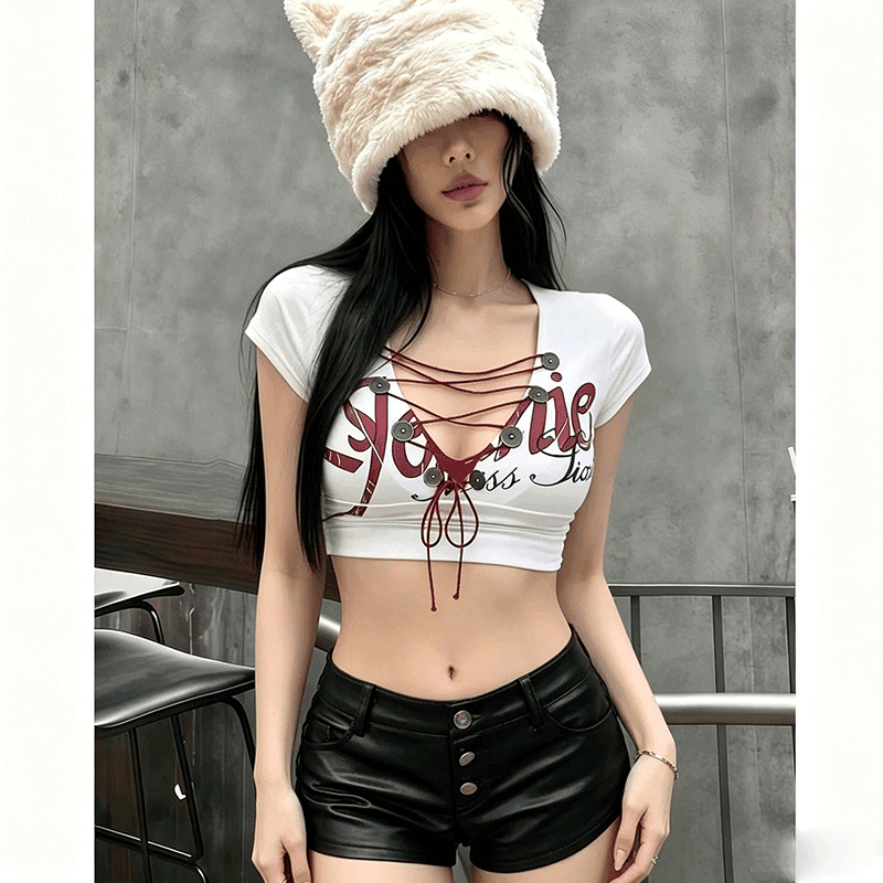 여성 여름 순수한 욕망 핫걸 착용 가져 가라. 전체 집합 레이스업 홀로우 아웃 반팔 맨위 섹시함 티셔츠
