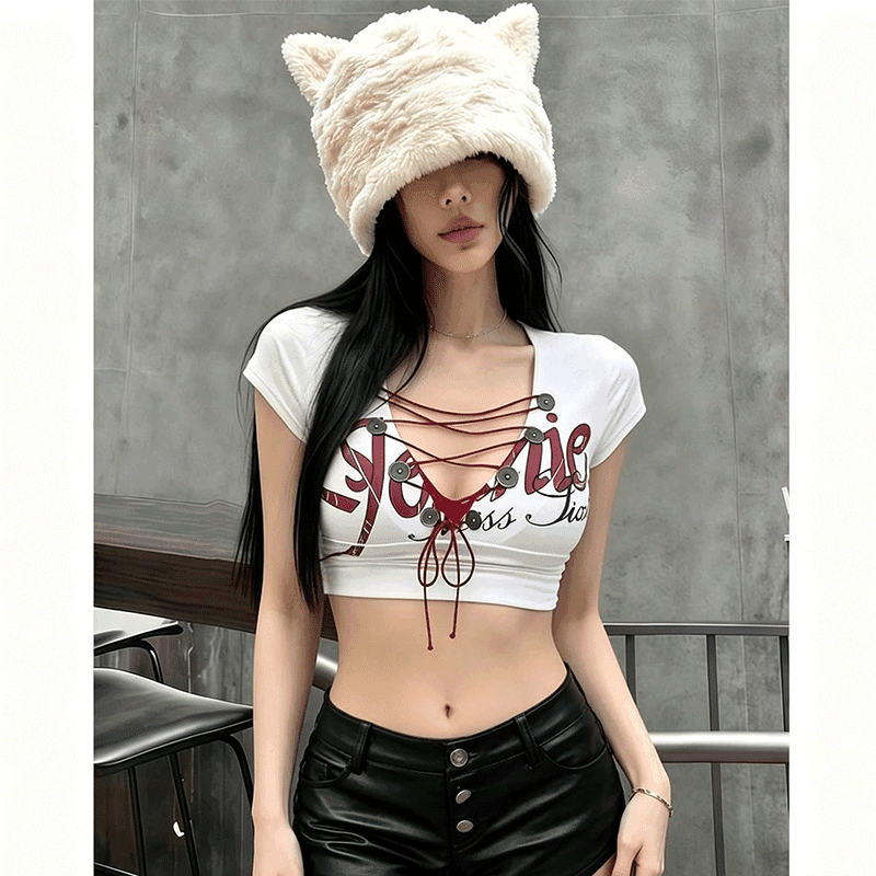 여성 여름 순수한 욕망 핫걸 착용 가져 가라. 전체 집합 레이스업 홀로우 아웃 반팔 맨위 섹시함 티셔츠 상세 이미지 2