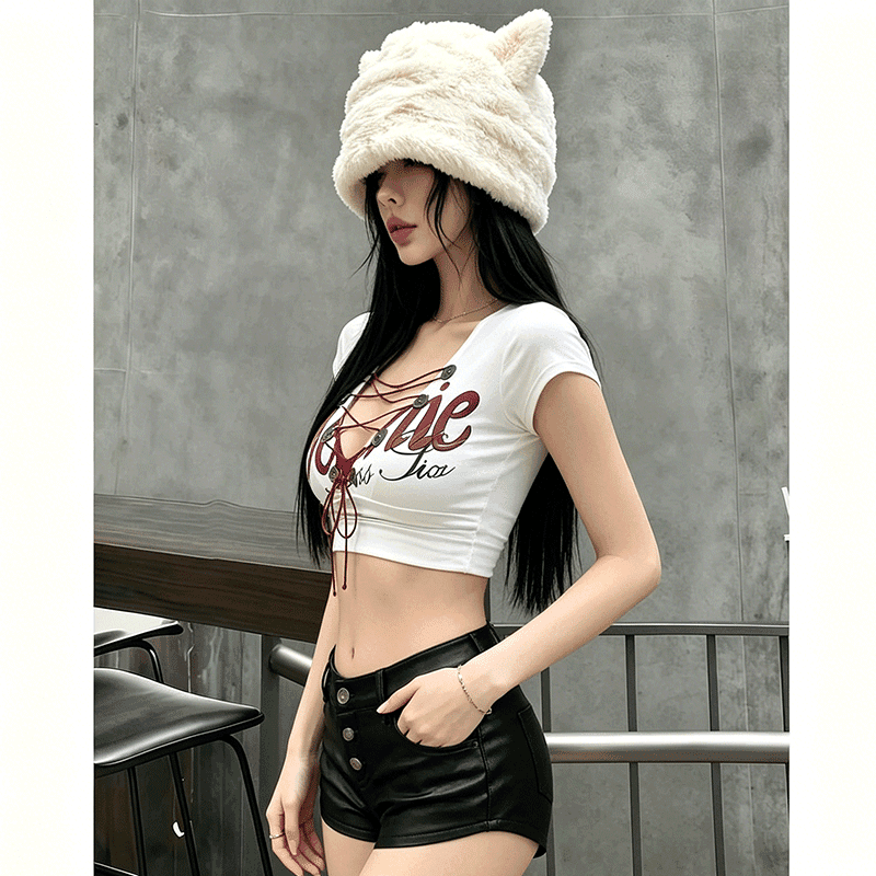 여성 여름 순수한 욕망 핫걸 착용 가져 가라. 전체 집합 레이스업 홀로우 아웃 반팔 맨위 섹시함 티셔츠 상세 이미지 5