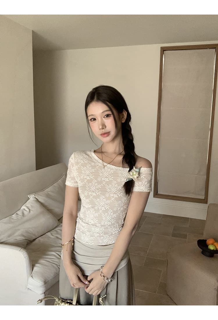 레드 맨 파빌리온 반팔 티셔츠 여성 2026 새로운 여름 디자인 센스 순수한 욕망 오프숄더 비스듬한 어깨 프랑스식 아름다운 작은 맨위 상세 이미지 6