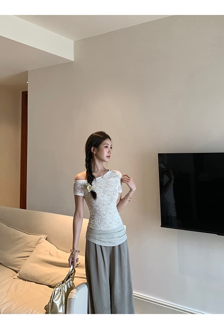 레드 맨 파빌리온 반팔 티셔츠 여성 2026 새로운 여름 디자인 센스 순수한 욕망 오프숄더 비스듬한 어깨 프랑스식 아름다운 작은 맨위 상세 이미지 12