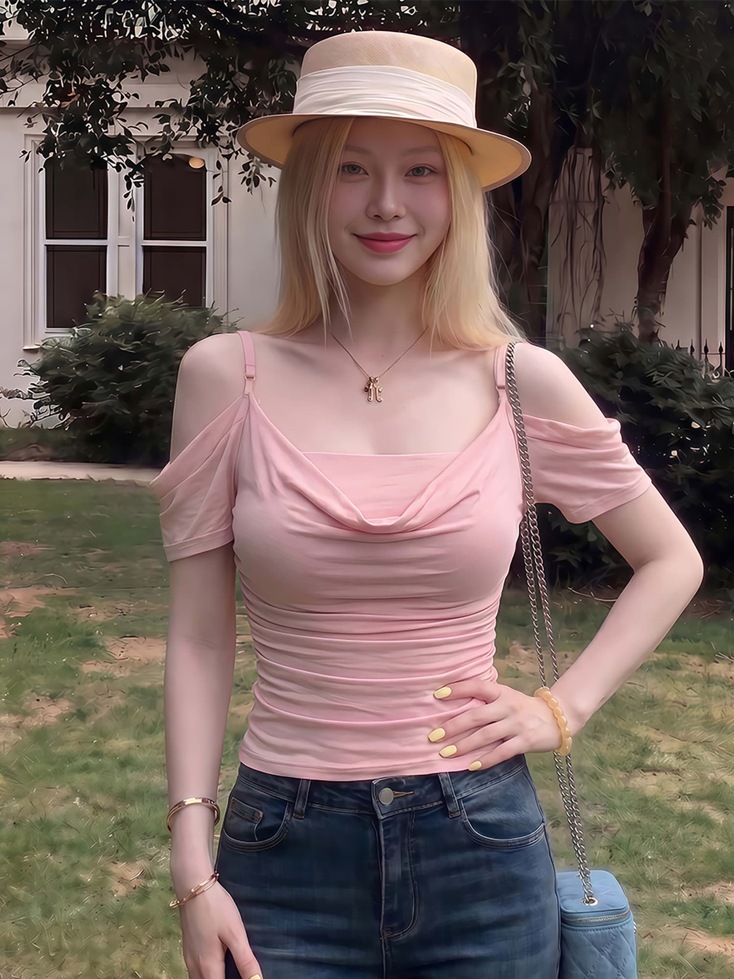 한 부서 흔들다 칼라 반팔 티셔츠 여성 여름 몸매 가꾸기 슬림해 보이는 디자인 센스 작은 셔츠 순수한 욕망 핫걸 바람 오프숄더 맨위 트렌디 상세 이미지 4