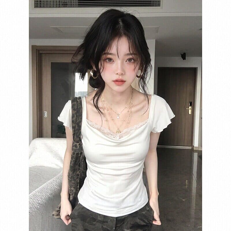 페이크 레이어드 레이스 흔들다 칼라 반팔 여성 여름 핫걸 바람 허리 수축 긍정적 인 어깨 티셔츠 몸매 가꾸기 디스플레이 얇고 작은 날다 소매 맨위 이미지 5