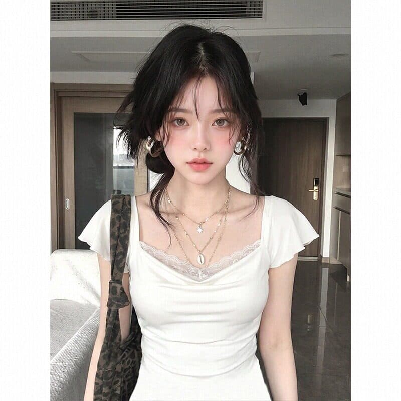 페이크 레이어드 레이스 흔들다 칼라 반팔 여성 여름 핫걸 바람 허리 수축 긍정적 인 어깨 티셔츠 몸매 가꾸기 디스플레이 얇고 작은 날다 소매 맨위 이미지 2