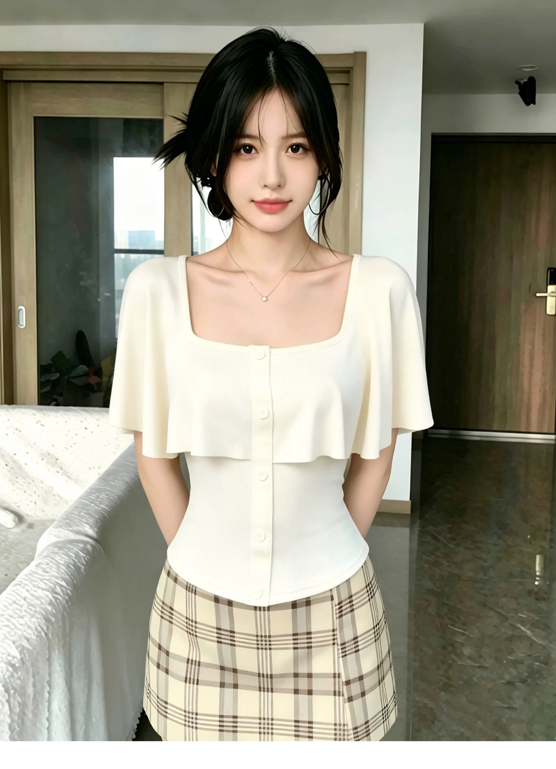 살구 색상 프릴 오프숄더 반팔 티셔츠 여성 2026 여름 새로운 디자인 센스 허리 수축 몸매 가꾸기 슬림해 보이는 맨위 상세 이미지 4