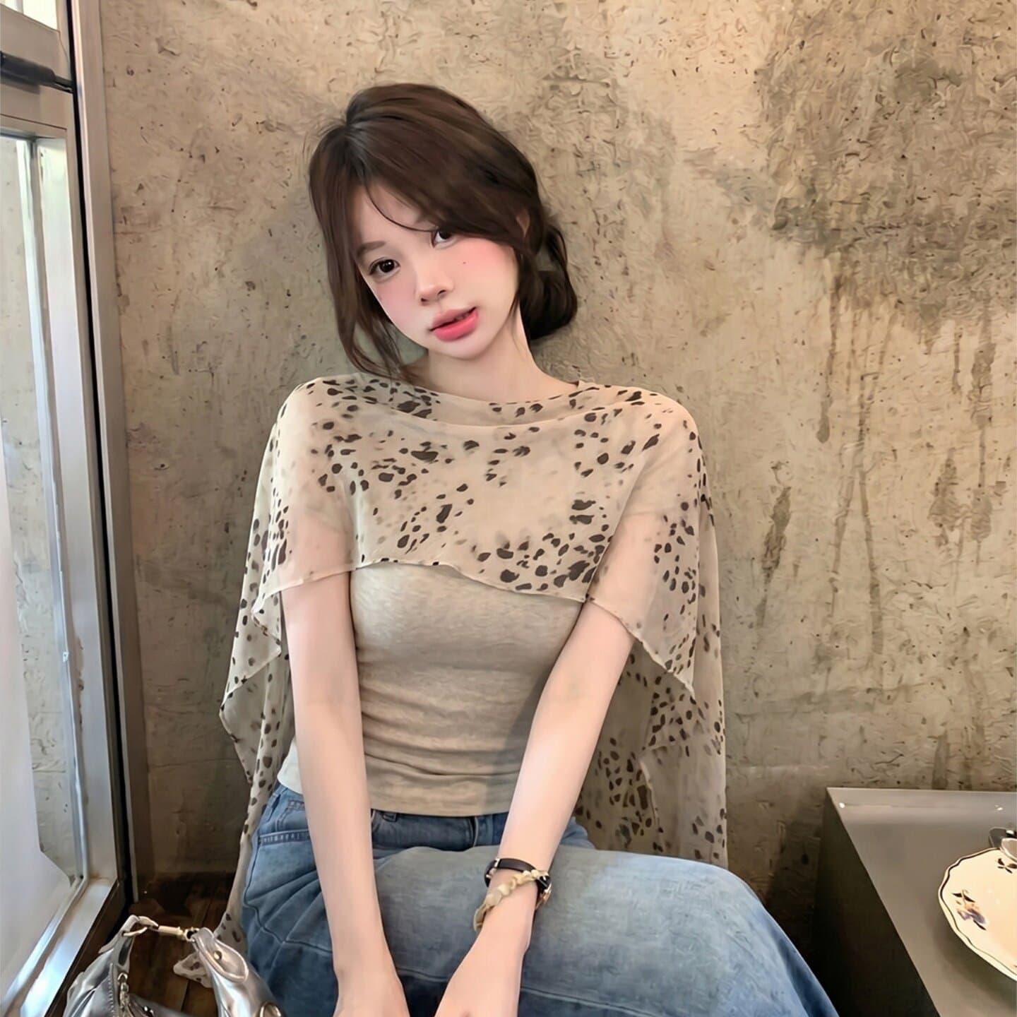 레오파드 무늬 숄 민소매 티셔츠 여성 여름 프랑스식 허리 수축 몸매 가꾸기 슬림해 보이는 디자인 센스 순수한 욕망 페이크 레이어드 쇼트 스타일 맨위 이미지 4