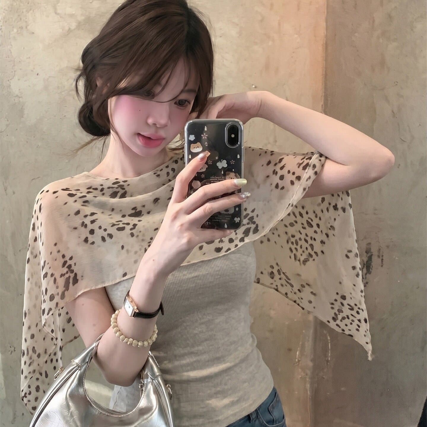 레오파드 무늬 숄 민소매 티셔츠 여성 여름 프랑스식 허리 수축 몸매 가꾸기 슬림해 보이는 디자인 센스 순수한 욕망 페이크 레이어드 쇼트 스타일 맨위 이미지 5