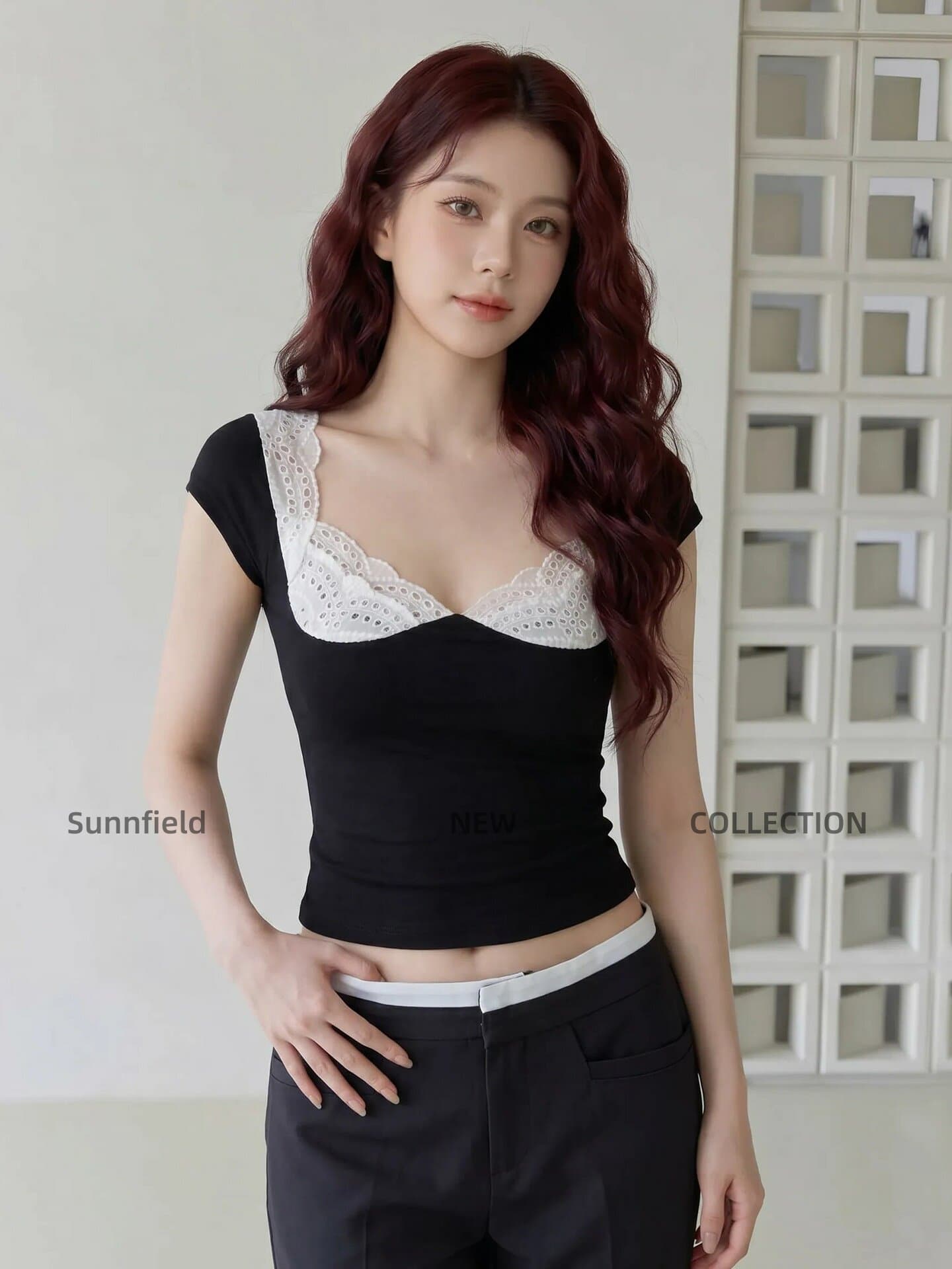 레이스 조각 검정색 반팔 티셔츠 여성 여름 고유 한 디자인 센스 작은 대중 순수한 욕망 핫걸 몸매 가꾸기 쇼트 스타일 맨위