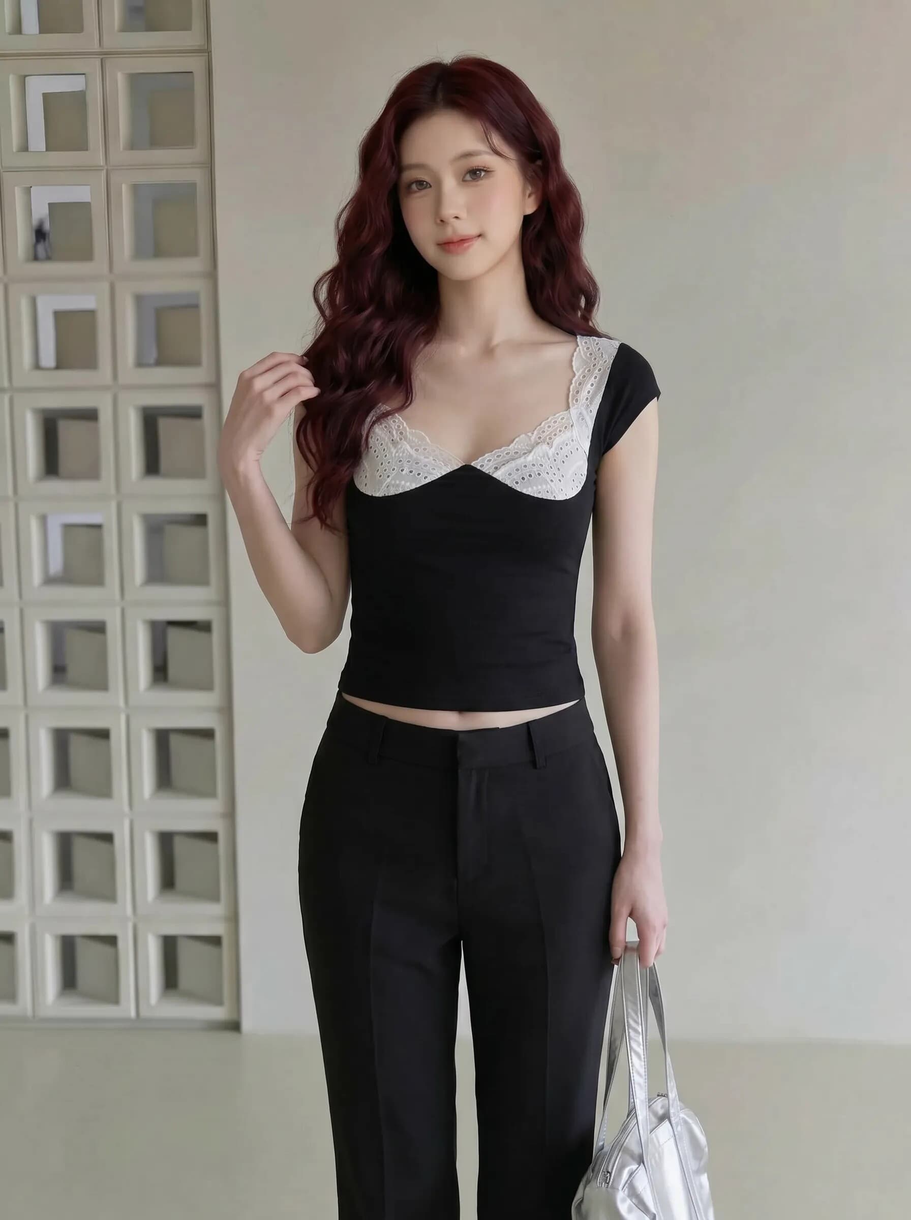 레이스 조각 검정색 반팔 티셔츠 여성 여름 고유 한 디자인 센스 작은 대중 순수한 욕망 핫걸 몸매 가꾸기 쇼트 스타일 맨위 상세 이미지 2