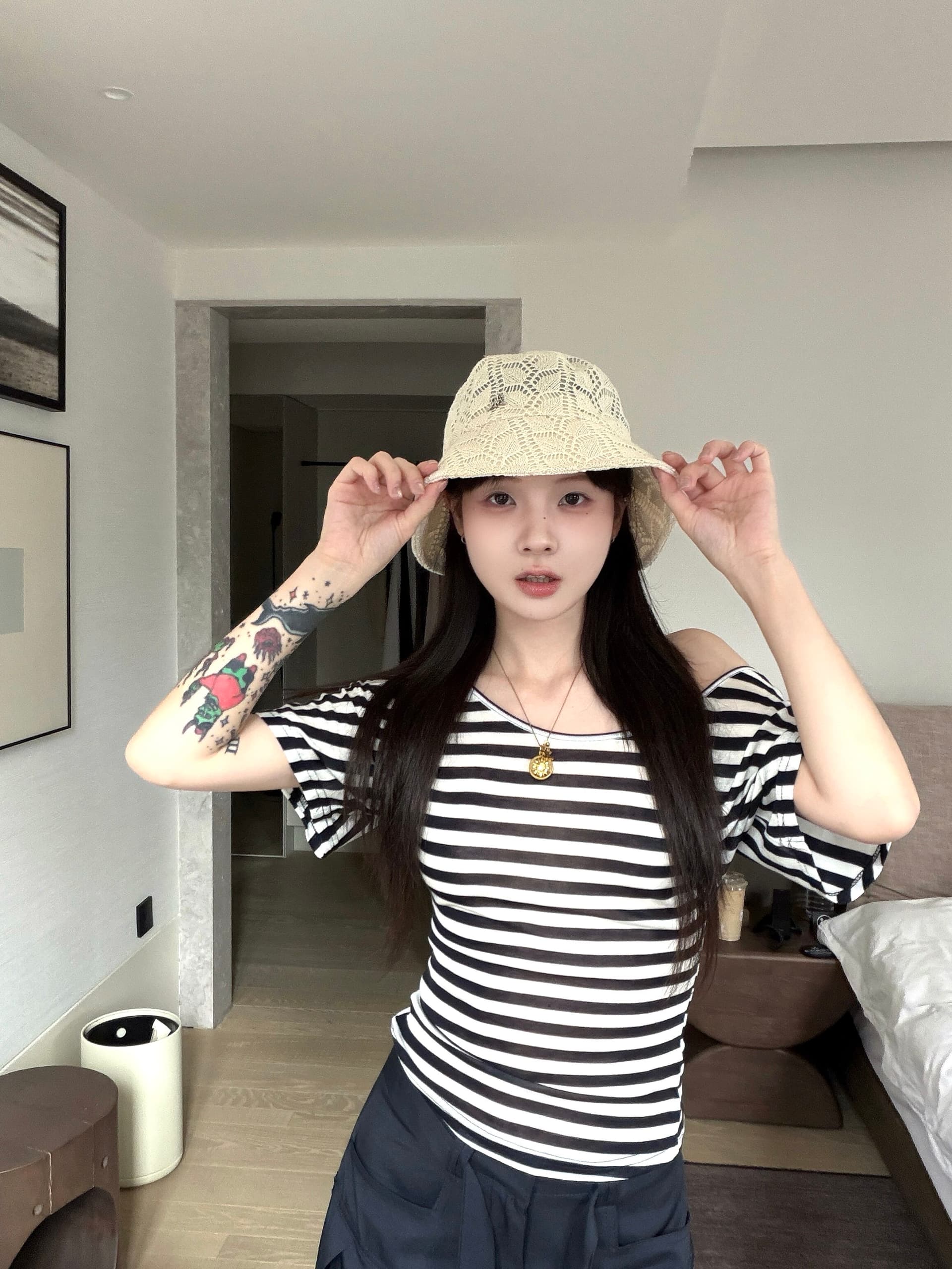 kumikumi 스트라이프 오프숄더 반팔 티셔츠 여성 여름 캐주얼 맨위 이미지 3
