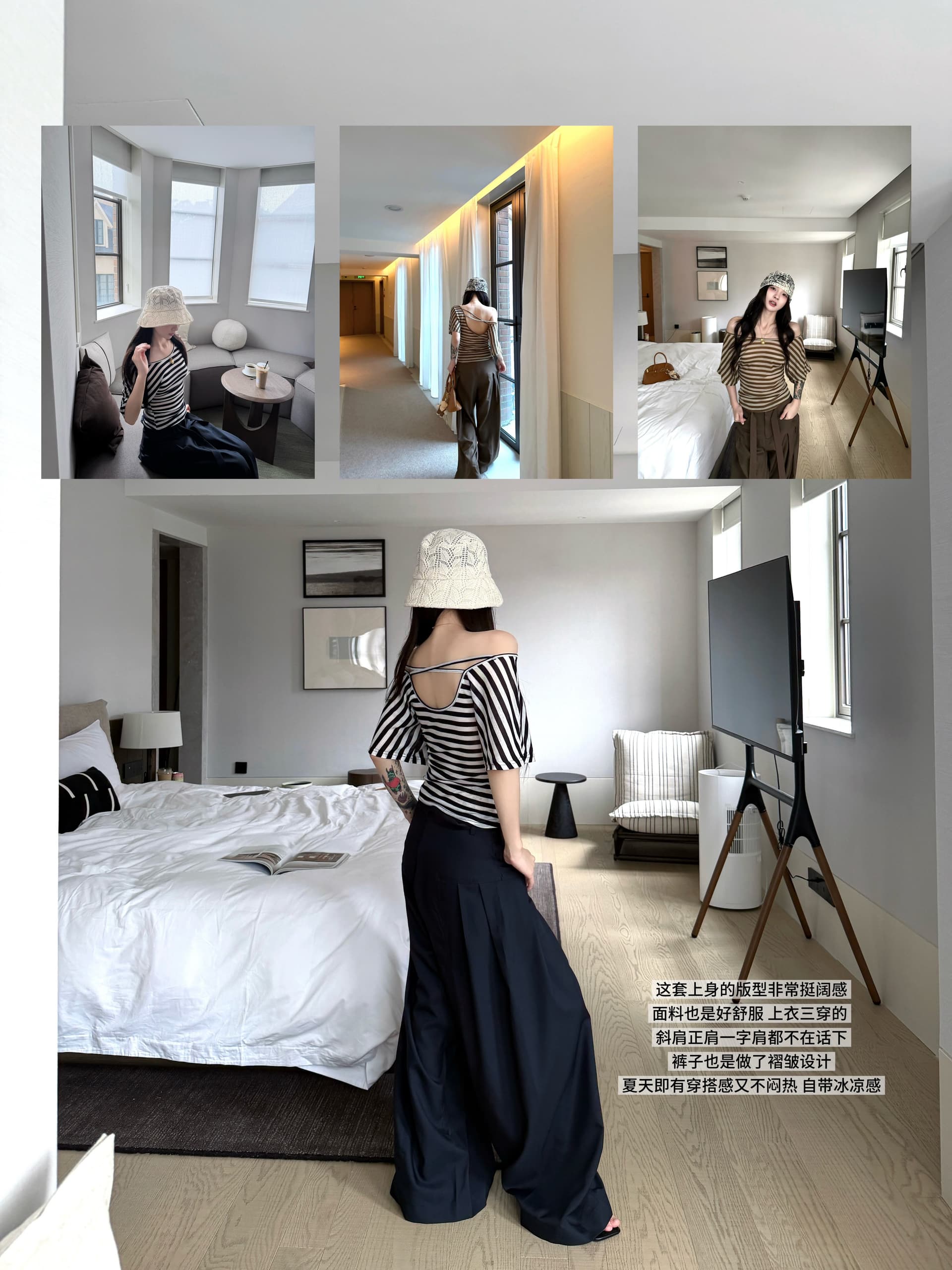 kumikumi 스트라이프 오프숄더 반팔 티셔츠 여성 여름 캐주얼 맨위 상세 이미지 3
