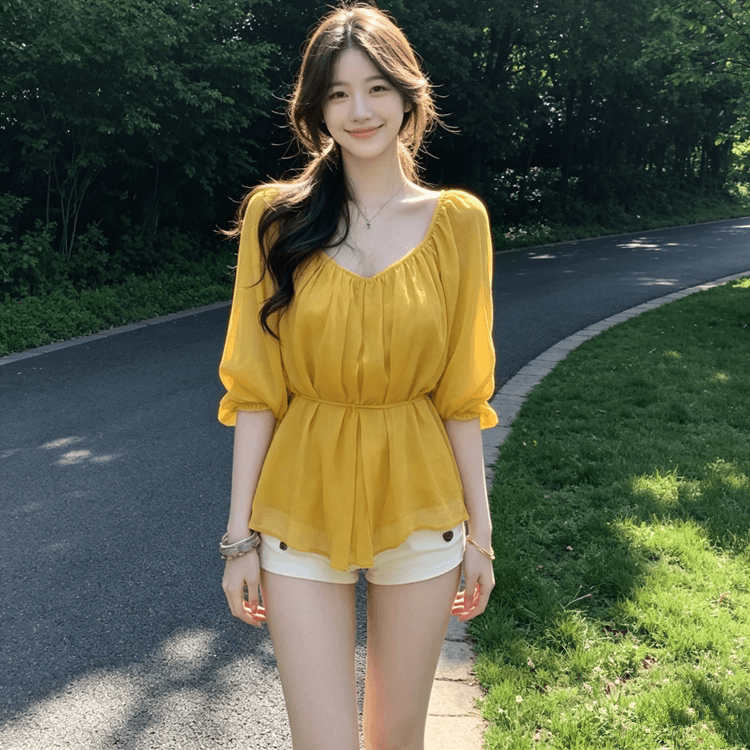 V넥 높음 ~을 통해 주름 레이스업 시폰 셔츠 여성 봄 여름 반소매 맨위
