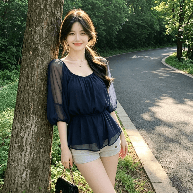 V넥 높음 ~을 통해 주름 레이스업 시폰 셔츠 여성 봄 여름 반소매 맨위 이미지 4